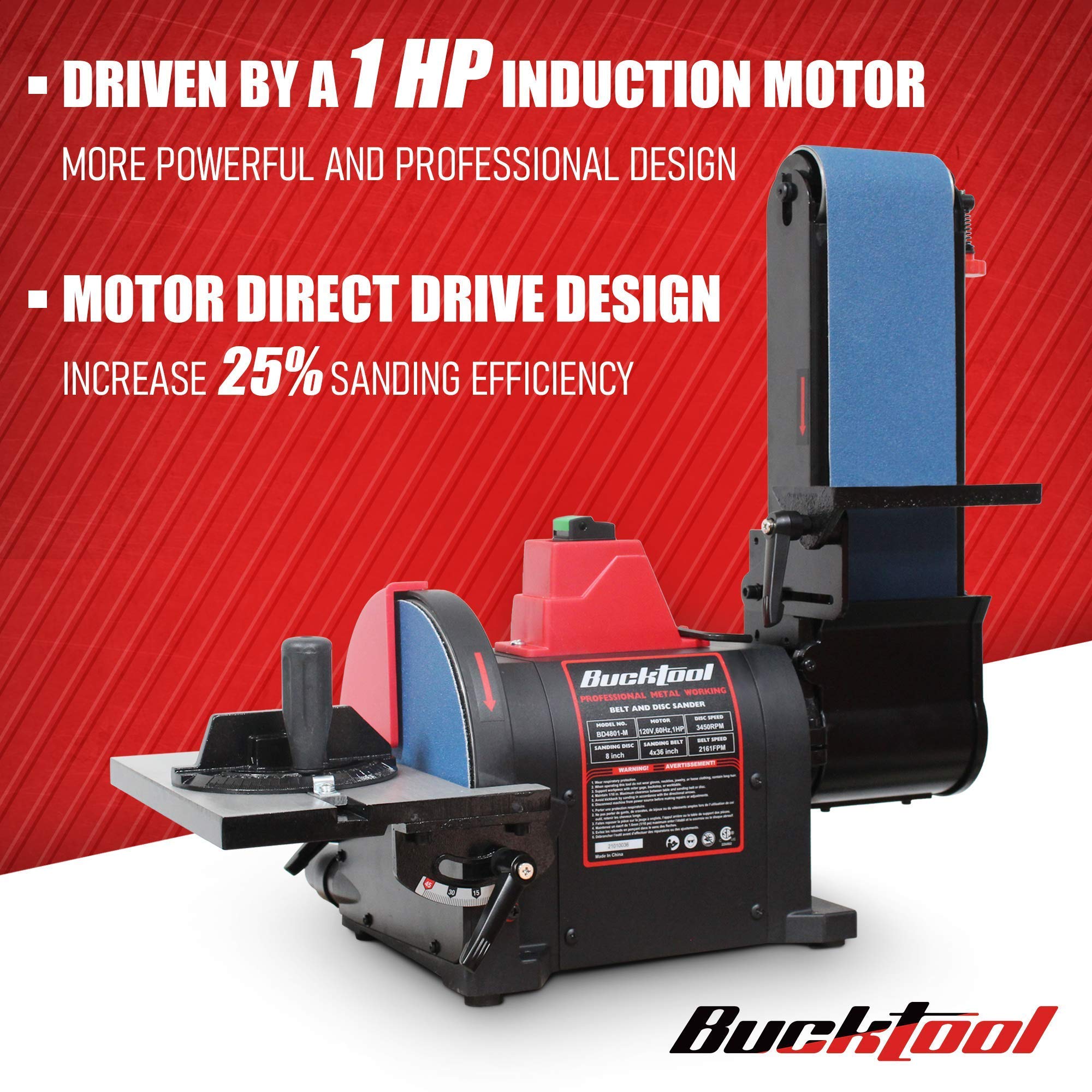 BUCKTOOL Professional Bench Belt Sander 1HP Direct Drive Motor - 4x36 inch Belt & 8 inch Disc for Metal Sanding & Woodworking - Heavy-Duty BD4801 M for Workshop & DIY Projects