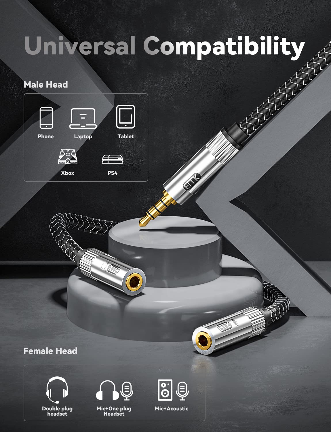 EMK 3.5mm Audio Headphone Splitter - Stereo Male to Dual Female Y Adapter Cable for Gaming Headsets, Compatible with Xbox One, PS4, PS5, PC, Laptop, Tablet & Smartphone - Perfect for Multiplayer Gaming, Music Sharing & Conference Calls