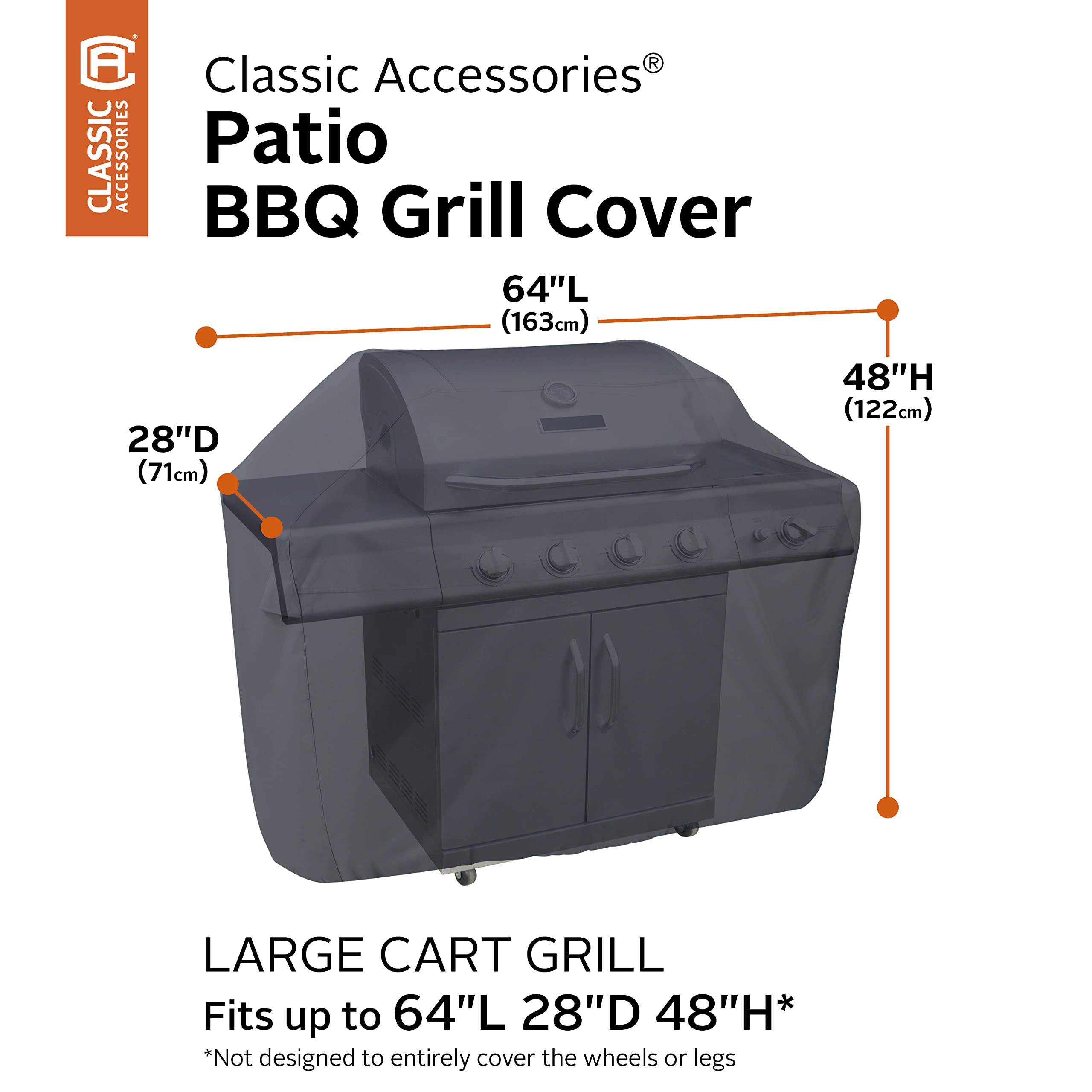 Classic Accessories 64 Inch Water-Resistant BBQ Grill Cover with Coiled Brush & Magnetic LED Light - Perfect for Outdoor Grilling and Backyard Barbecues