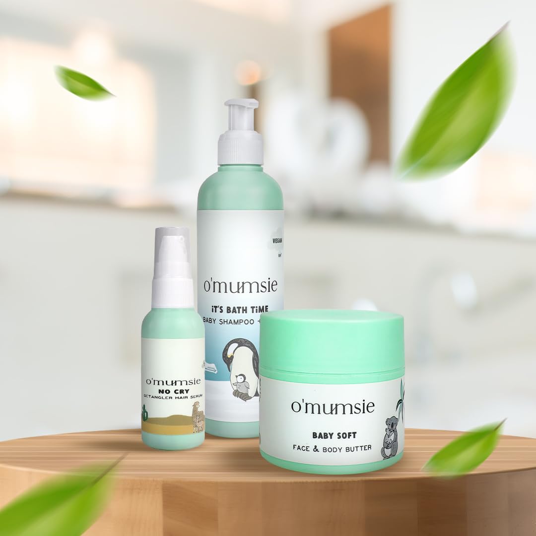 O'mumsie Baby Care Gift Set - Detangling Hair Serum (50ml), Nourishing Face & Body Butter (100g), Gentle Baby Wash & Shampoo (250ml) | Complete Newborn Skincare Kit in Beautiful Gift Box | Perfect for Baby Showers, Christenings & Daily Care Routines