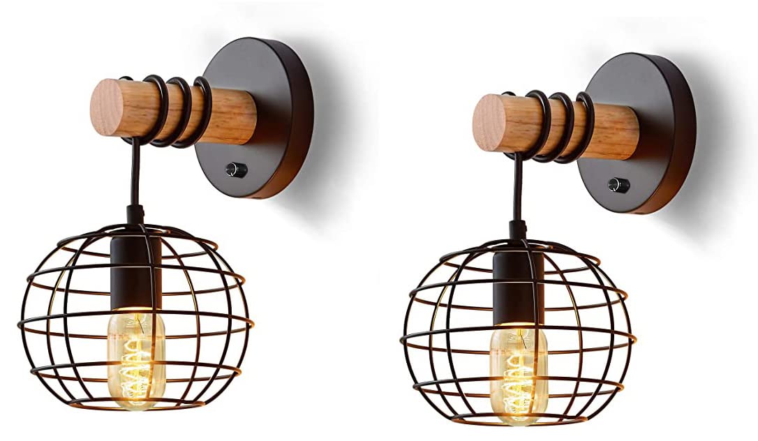 Vintage Industrial Wall Sconce Light Fixture - 2 Pack Modern Farmhouse Cage Wall Lamp for Bedroom, Headboard, Garage & Porch | Rustic Home Decor & Ambient Lighting Solution