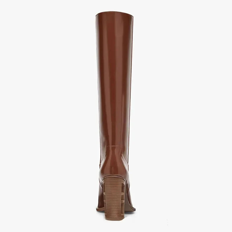 Arden Furtado Women's Knee High Leather Boots with Hollow Out Design & Chunky Heels - Fashionable Brown Tan Riding Boots for Women | Perfect for Fall Outfits, Casual Wear & Horseback Riding