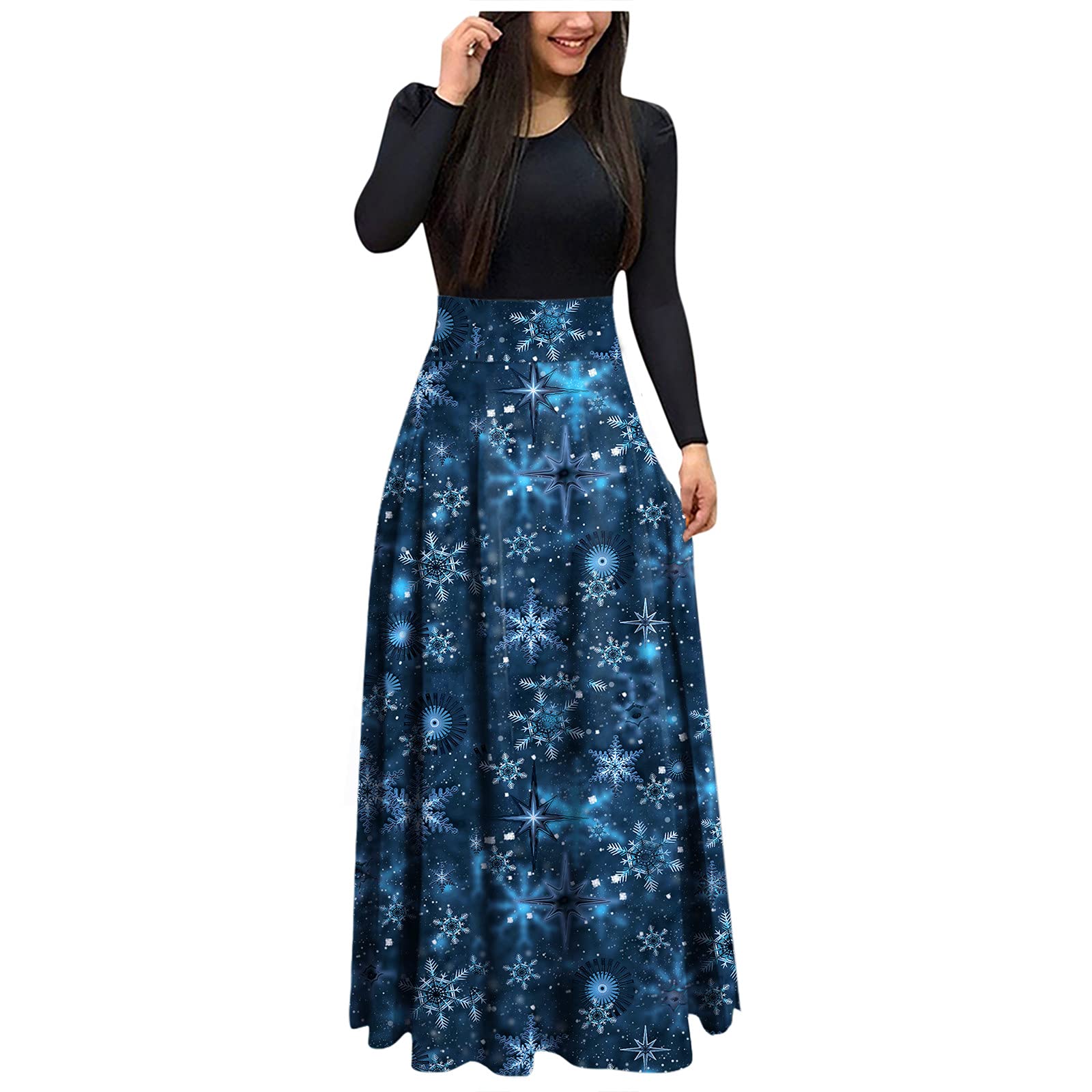 NaRHbrg Women's Christmas Long Sleeve Maxi Dress - Flowy Loose Casual Party Dress with Holiday Print | Perfect for Holiday Gatherings, Christmas Parties & Festive Occasions