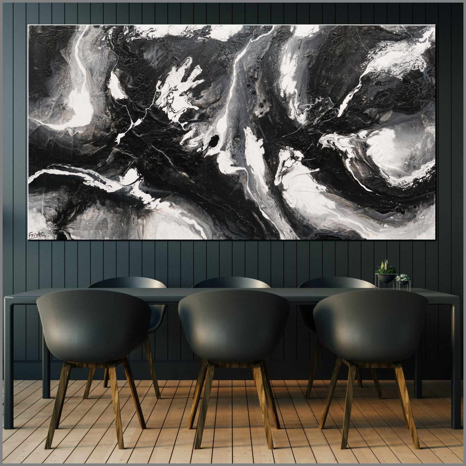 190cm x 100cm Black and White Textured Abstract Wall Art Painting - Modern Iced Nero Canvas for Living Room, Bedroom & Office Decor