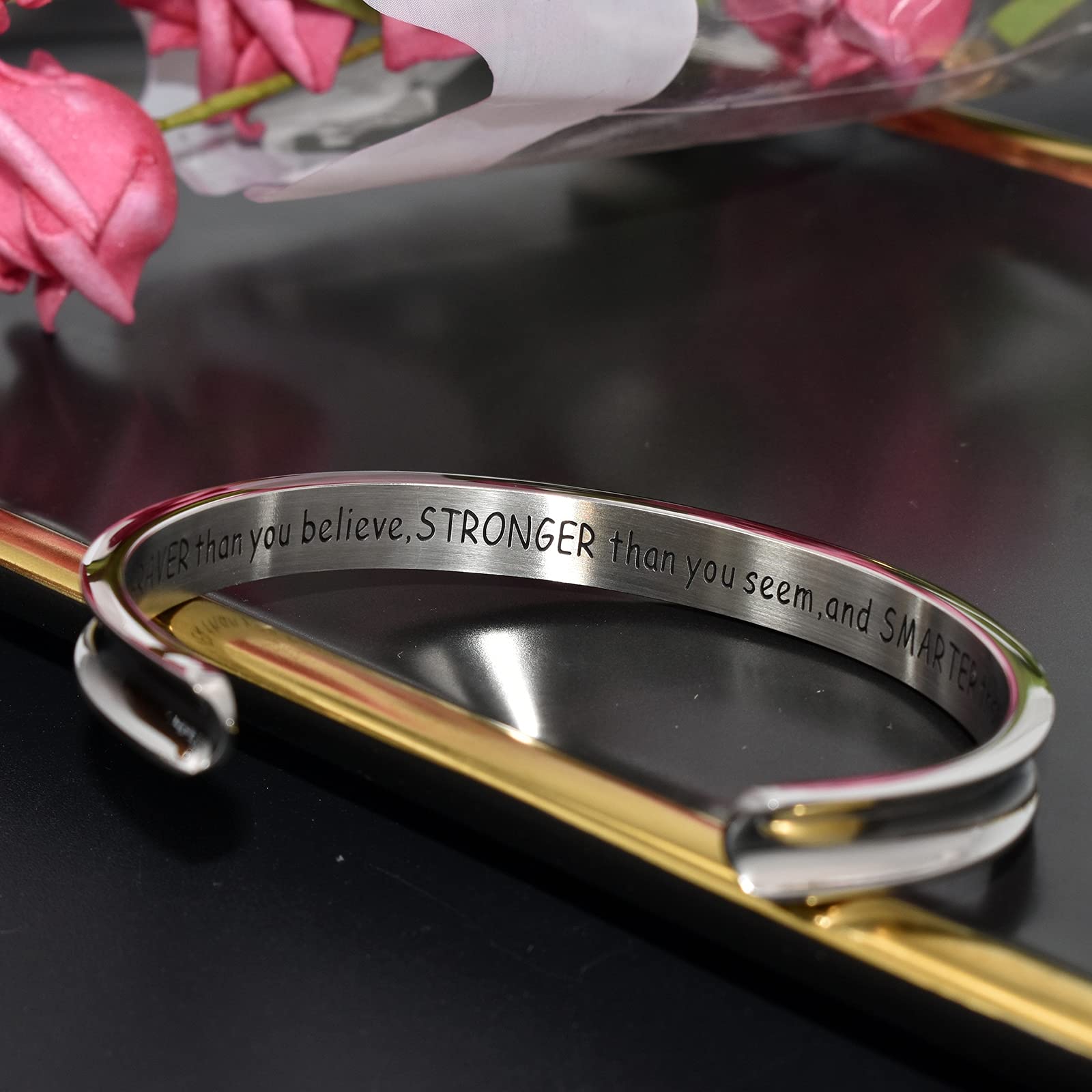 Inspirational Cuff Bracelets for Women - Stainless Steel Motivational Bangle Jewelry - Perfect Gift for Birthday, Graduation, Back to School - Wear Daily for Confidence Boost & Positive Vibes