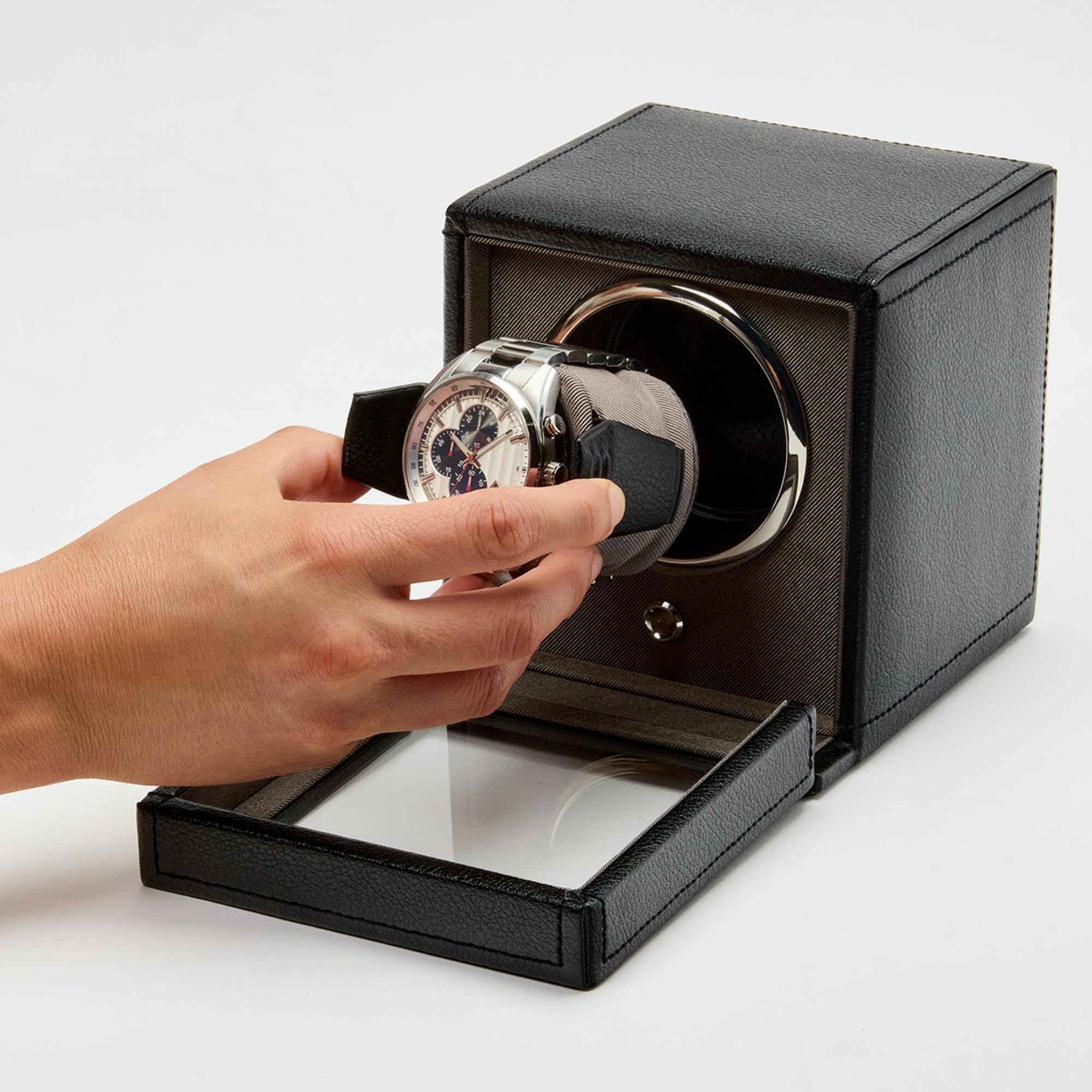 Premium Wolf Cub Single Watch Winder with Glass Cover - Automatic Watch Storage & Display Case for Men - Perfect for Luxury Watch Collection, Travel & Nightstand Storage