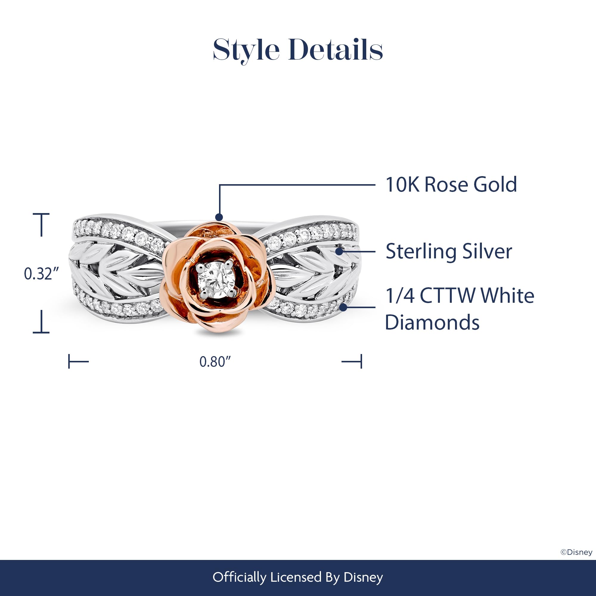 Enchanted Disney Belle Rose Ring - 10K Rose Gold & Sterling Silver with 1/4 CTTW Diamonds | Elegant Jewelry for Women | Perfect for Disney Fans, Weddings, Anniversaries & Special Occasions