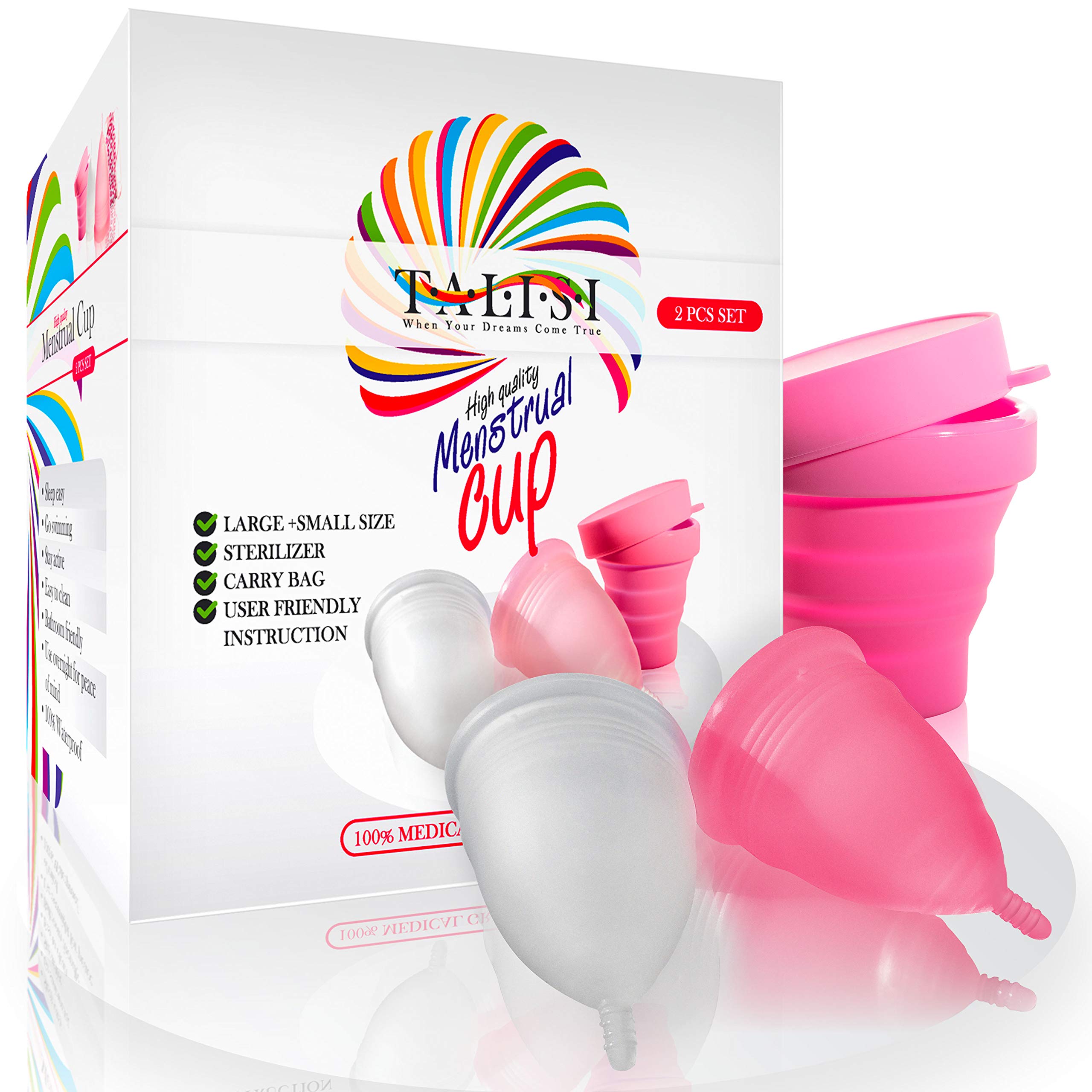 Talisi Reusable Menstrual Cups Set of 2 - Soft Medical Grade Silicone Period Cup Kit with Collapsible Cleaner & Sterilizer - Tampon & Pad Alternative for Light to Heavy Flow (Small & Large Sizes) - Perfect for Travel, Gym, Swimming & Active Lifestyles