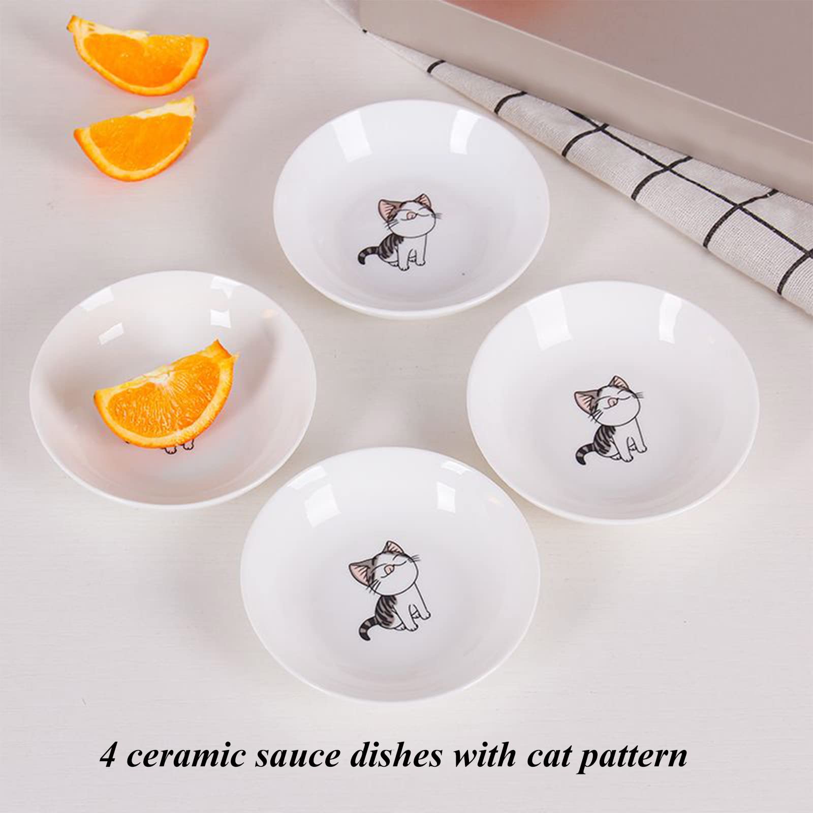 4-Pack Ceramic Cat Pattern Dipping Bowls - 4 Inch Small Sauce Dishes for Sushi, Soy Sauce, Snacks & Seasonings - Cute Porcelain Appetizer Plates for Parties, Home Dining & Japanese Cuisine