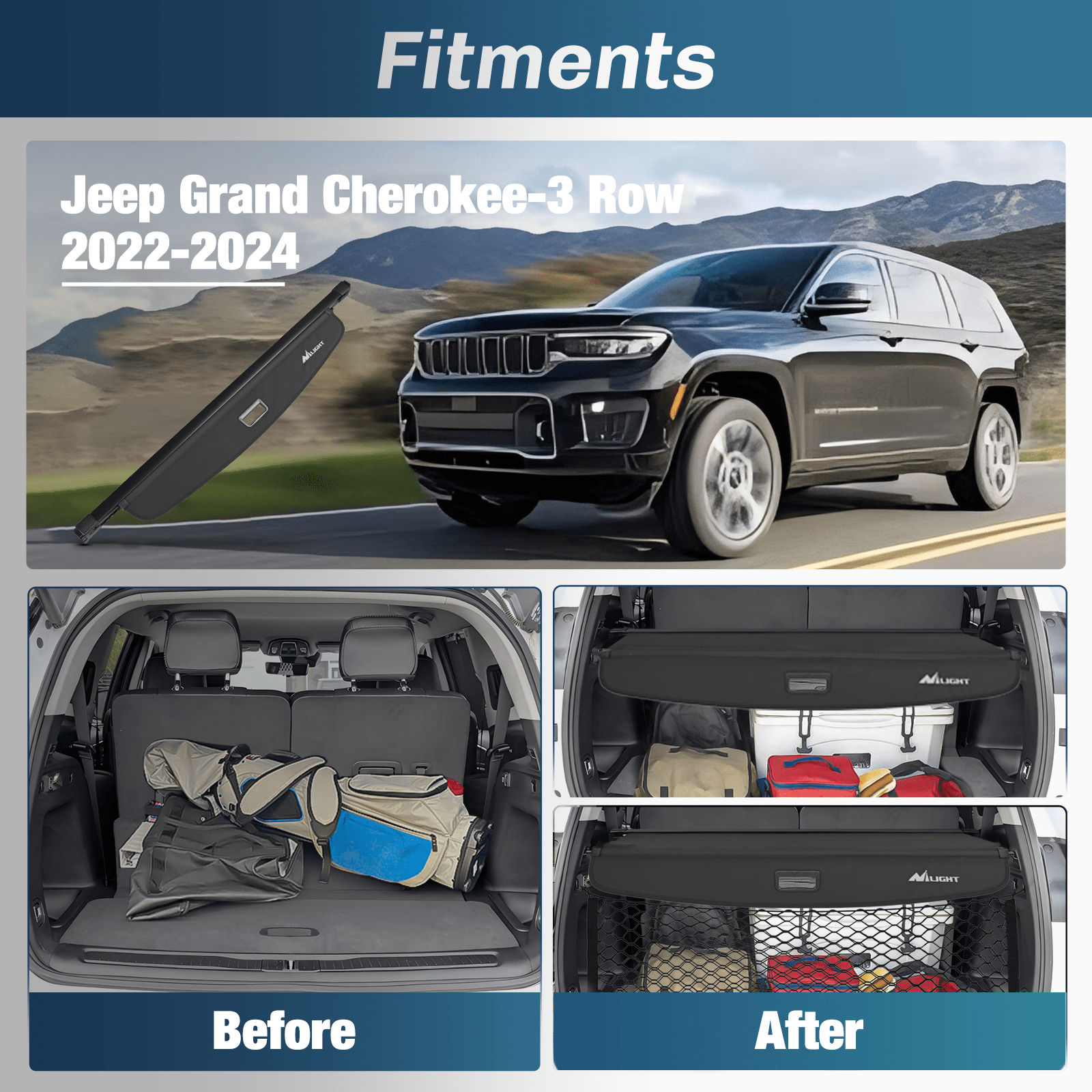 2021-2025 Jeep Grand Cherokee L 3-Row Retractable Cargo Cover with Storage Net - Durable Trunk Organizer for SUV Accessories & Road Trips