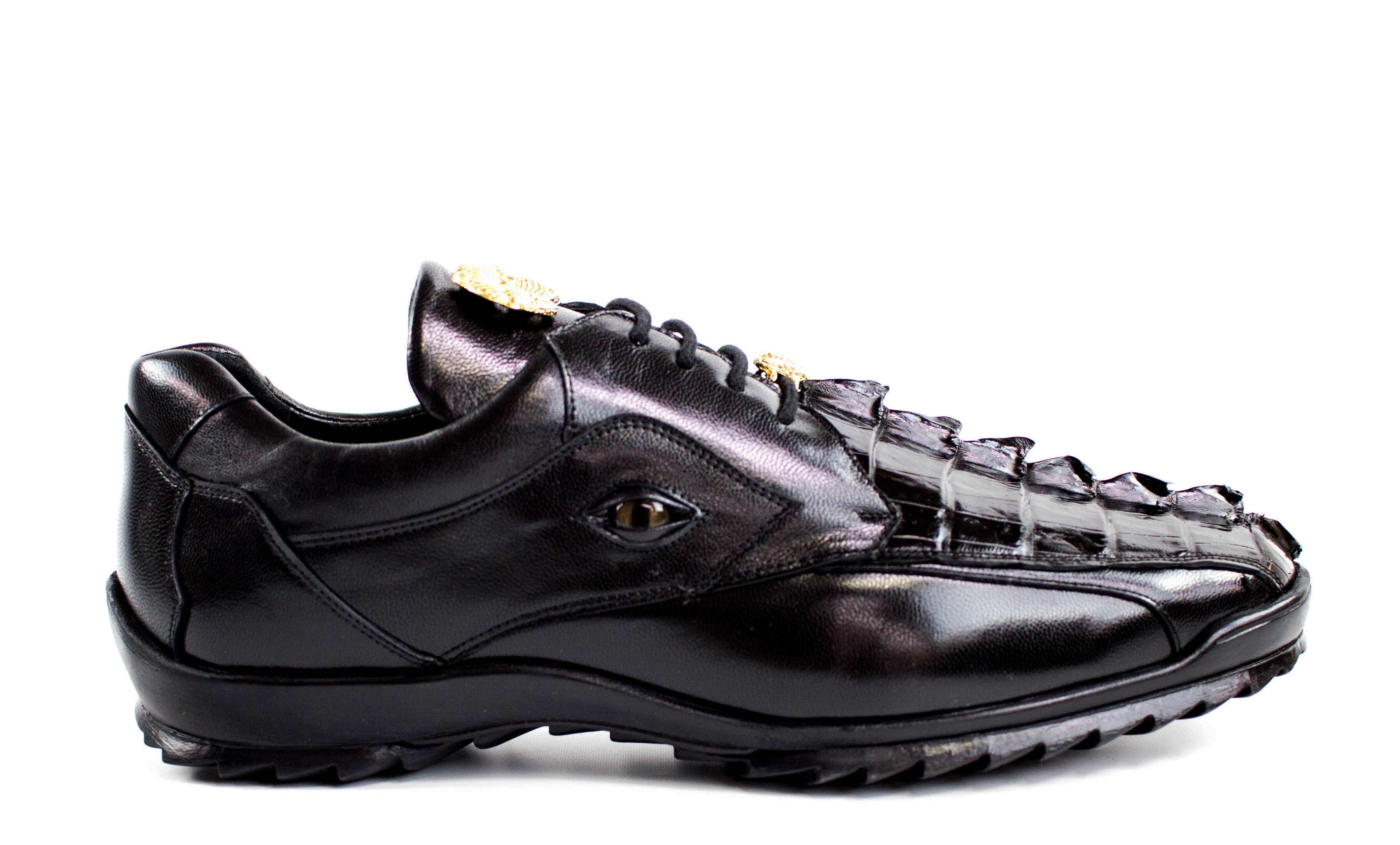Belvedere Vasco Genuine Hornback Crocodile & Soft Calf Leather Sneakers for Men - Black (336122) | Luxury Casual Shoes for Business & Evening Events