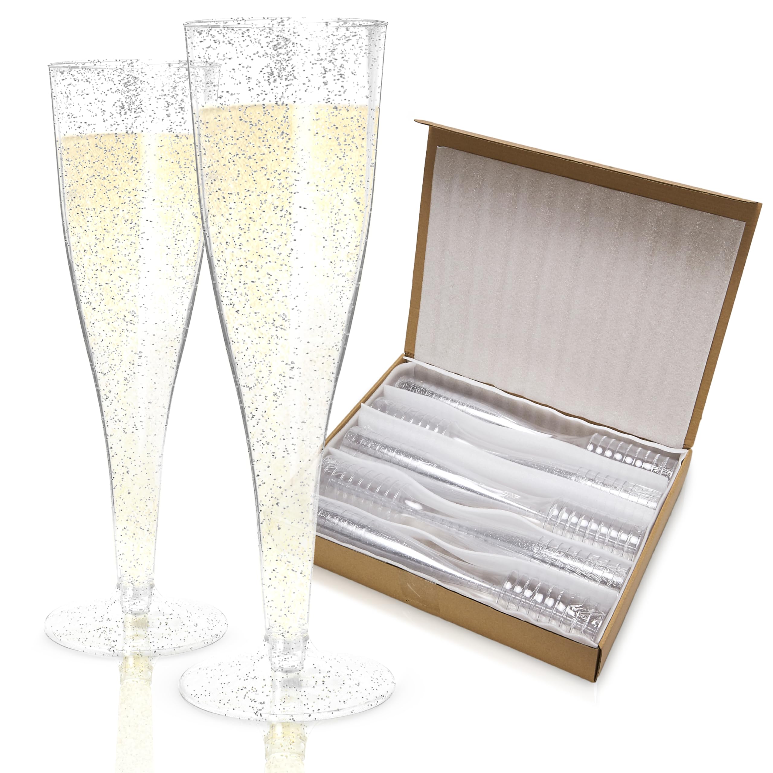 Prestee 100-Pack Disposable Plastic Champagne Flutes - 4.5 oz Silver Glitter Party Glasses for Weddings, Celebrations & Mimosa Bars | Elegant & Durable Single-Use Drinkware for Bridal Showers, Birthday Parties & New Year's Eve Events