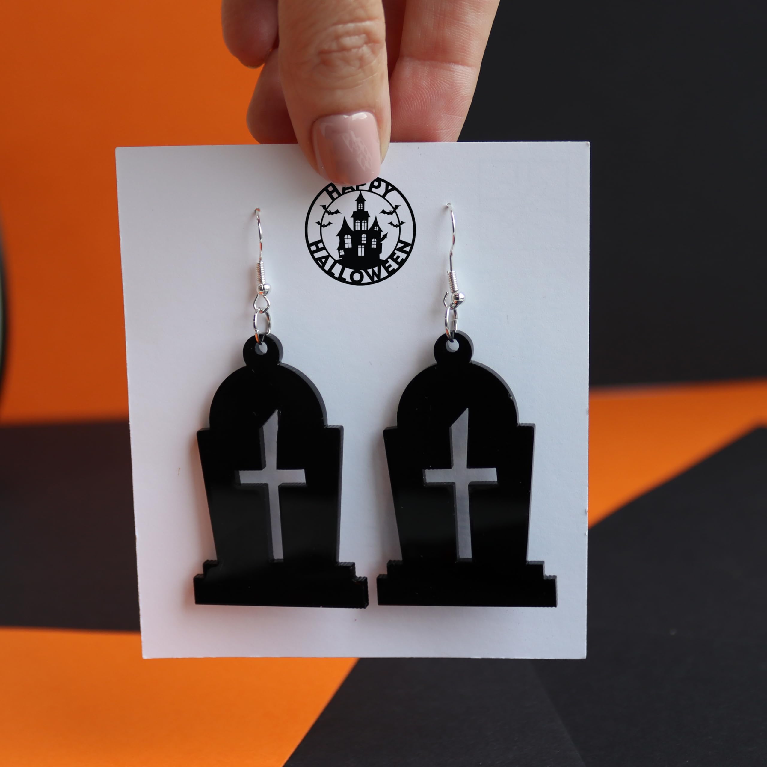 Spooky Halloween Tombstone Earrings - Handmade Recycled Acrylic Dangly Jewelry for Women | Gothic Accessories for Halloween Party, Costume Cosplay & Witch Theme Events | Unique Spooky Gift for Horror Fans