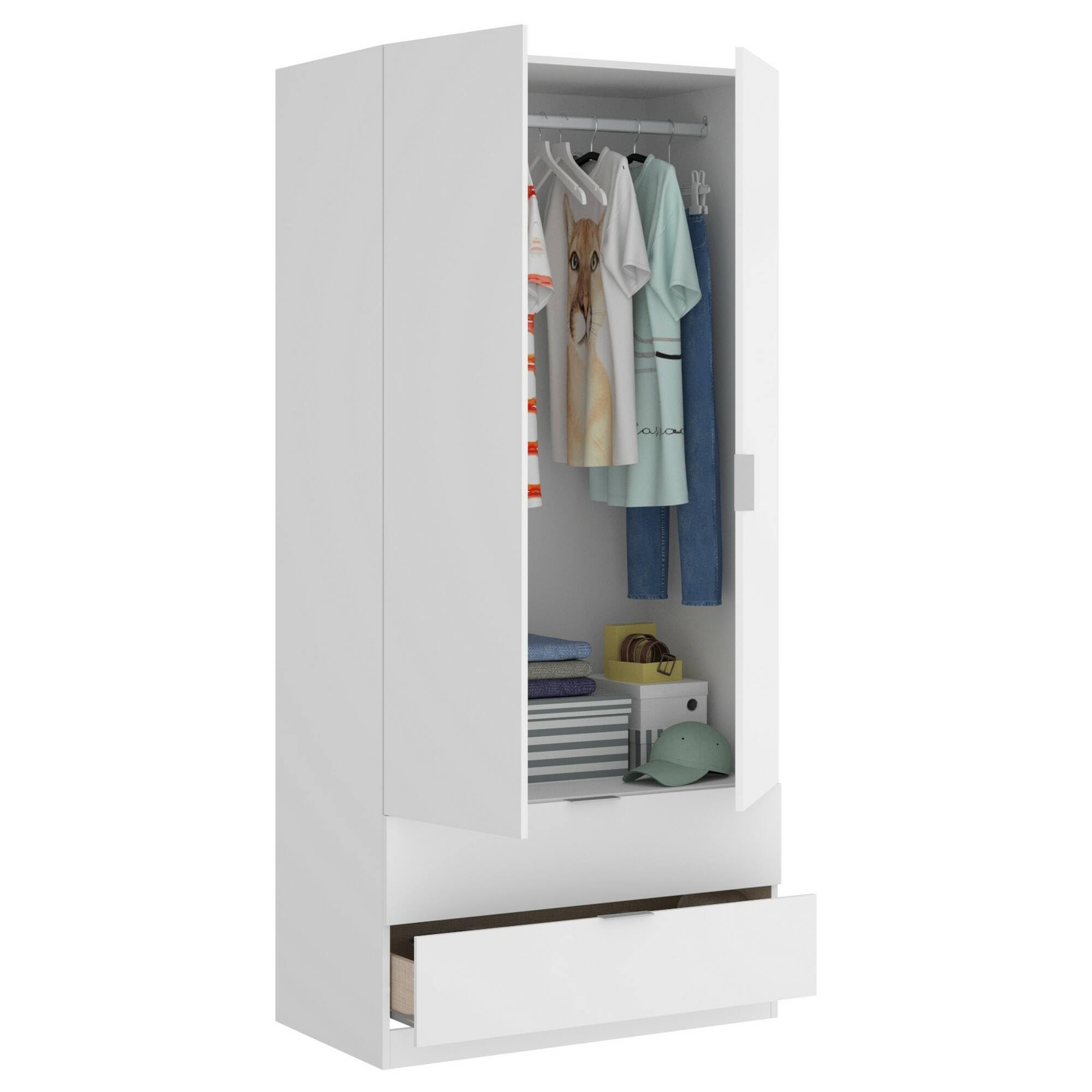 Dmora - 2 Door Wardrobe with 2 Drawers, White Closet Organizer for Bedroom, 81x52x184 cm - Perfect for Small Spaces & Apartment Storage