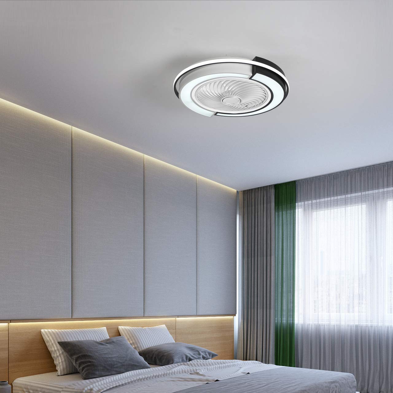 Modern LED Ceiling Fan with Lights - Remote Control, 3-Speeds, Hidden Blade Low Profile Design (23 Inch/58cm, Black & White) - Perfect for Bedroom, Living Room, and Office Spaces
