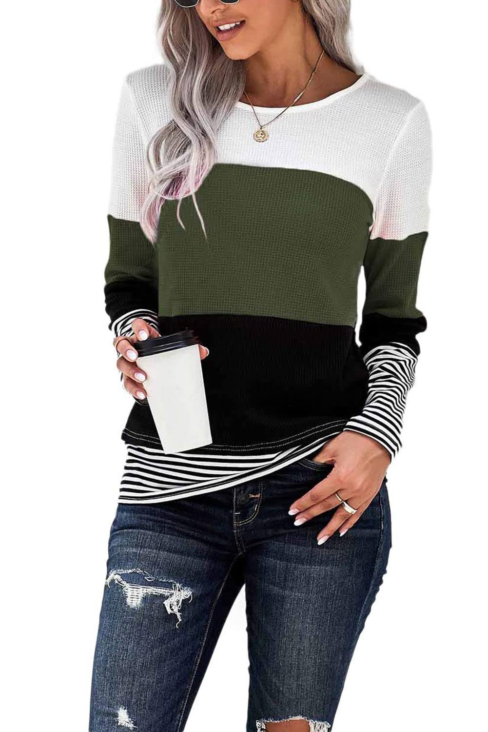 Poief Women's Fashion Long Sleeve T-Shirts - Casual Crewneck Striped Color Block Blouses, Loose Comfortable Tee Tunics for Everyday Wear, Work & Weekend Outfits