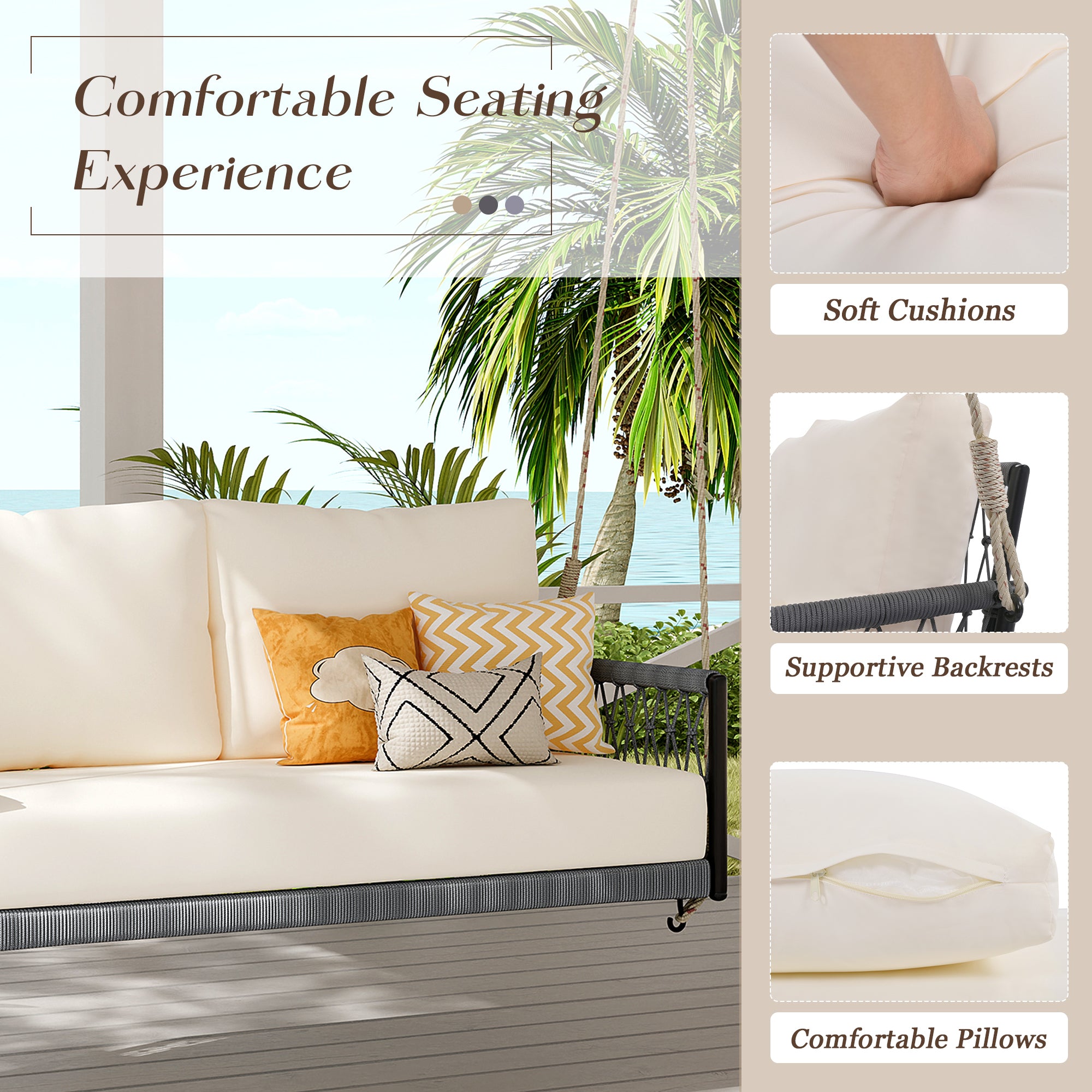 1 Piece Woven Rope Outdoor Swing Sofa with Soft Cushions - Seats 2 People - Perfect for Patio, Courtyard, Balcony & Garden Relaxation (Beige) - Ideal for Lounging, Reading & Outdoor Entertaining