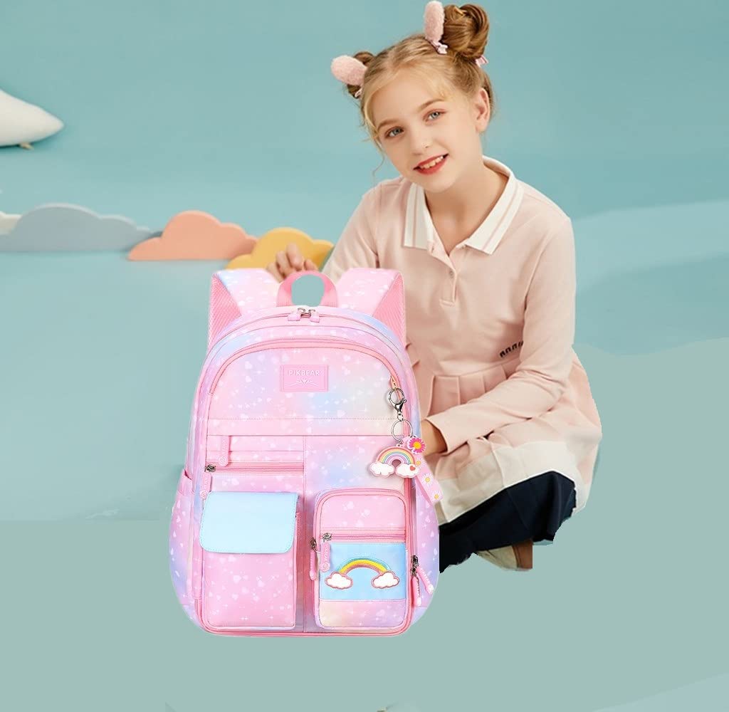 Gradient Rainbow Backpack for Girls - Cute Heart Print School Bookbag with Multiple Compartments | Durable Elementary Backpack for School, Travel & Daily Use