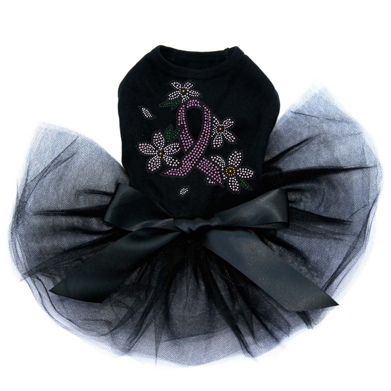 Sparkly Rhinestone Dog Tutu Dress with Pink Ribbon & Flowers - 3XL Black for Pet Parties
