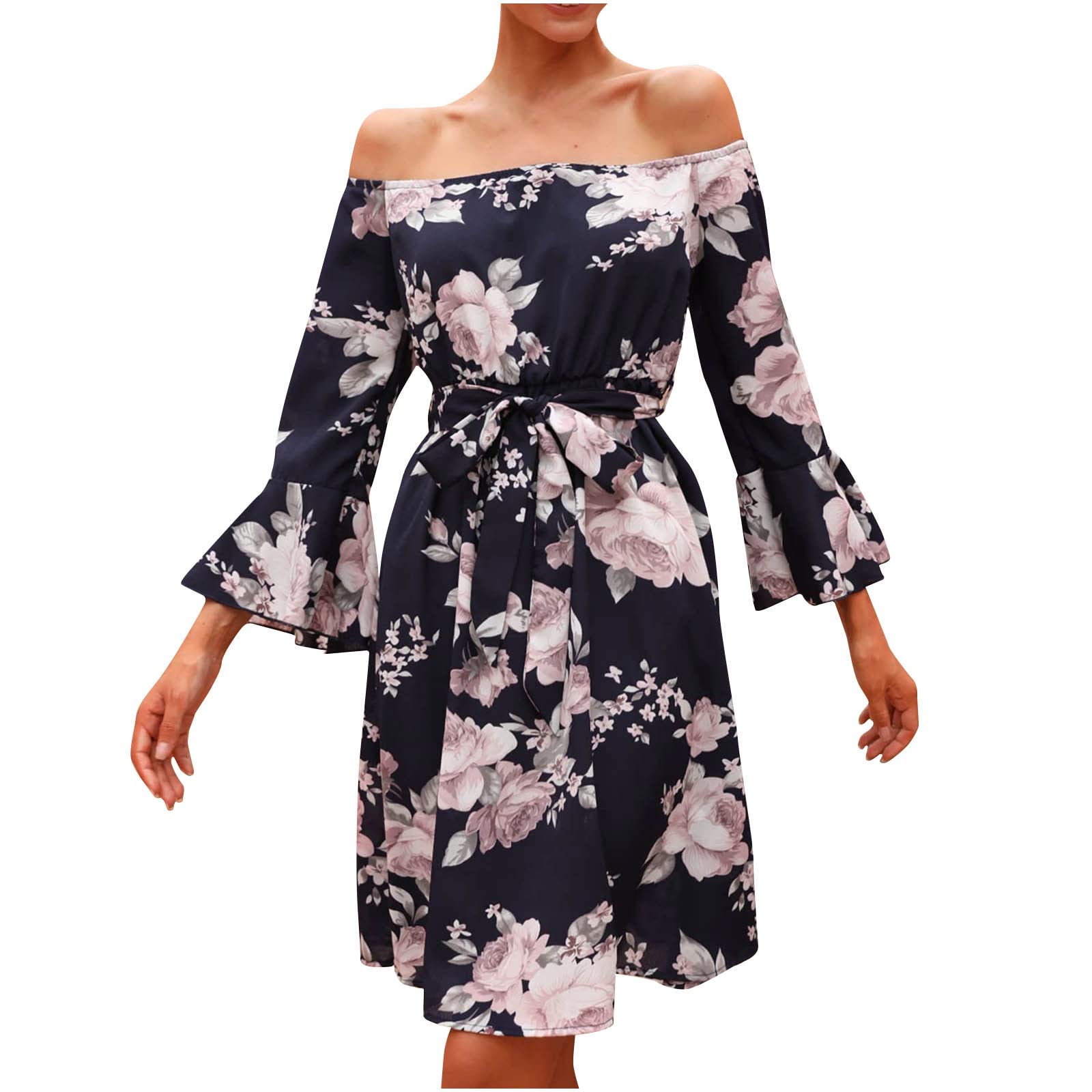 bmkBWO Women's Off The Shoulder Floral Mini Dress - Sexy Long Sleeve A-Line Swing Party Dress for Wedding Guest, Date Night & Cocktail Events