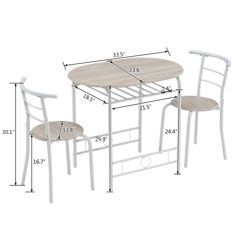 3 Piece Kitchen Table Set - Compact Dining Table with Wine Rack & 2 Metal Frame Chairs, Easy to Clean & Portable - Perfect for Small Spaces, Apartments, Breakfast Nooks & Outdoor Dining (Oak White)