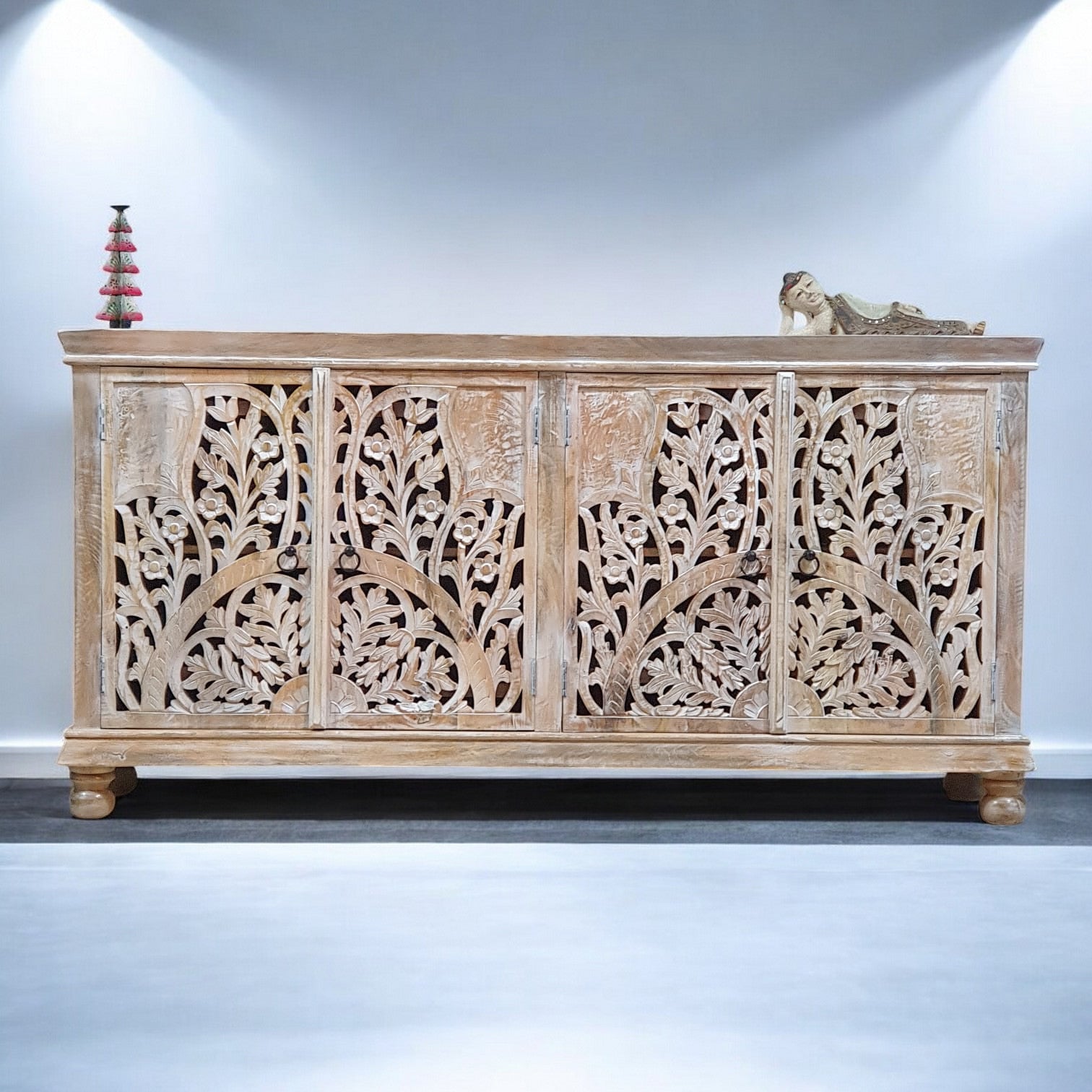 Handmade Carved Indian Mango Wood 4-Door Sideboard Cabinet - White Finish (180x40x90 cm) - Perfect for Dining Room Storage, Living Room Decor & Entryway Organization