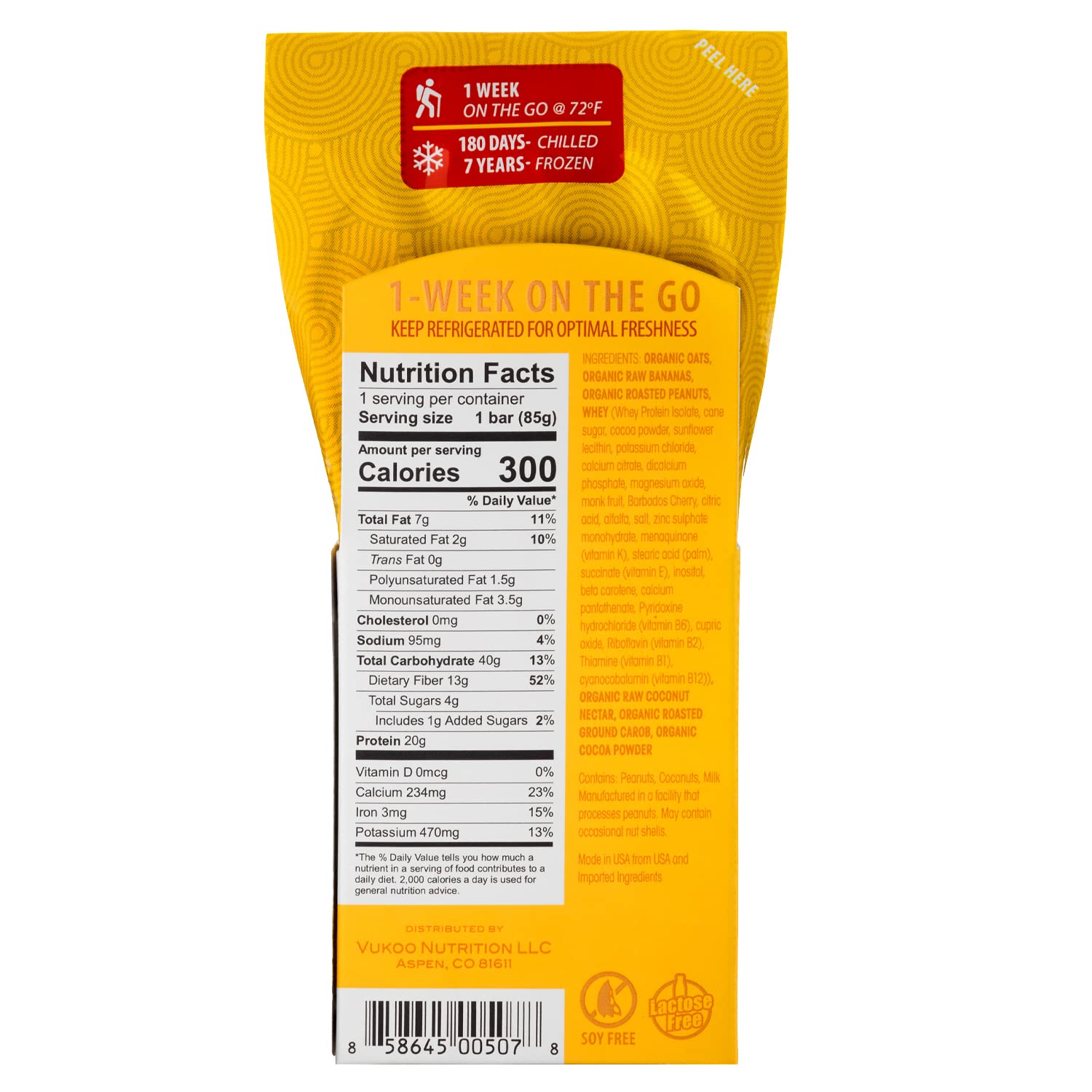 Vukoo Refrigerated Protein Bars - Peanut Butter Banana Flavor (28 Pack) | 20g Protein, Organic Oats, Low Sugar, High Fiber, Gluten Free | Healthy Snack for Gym, Hiking, Work & Weight Loss