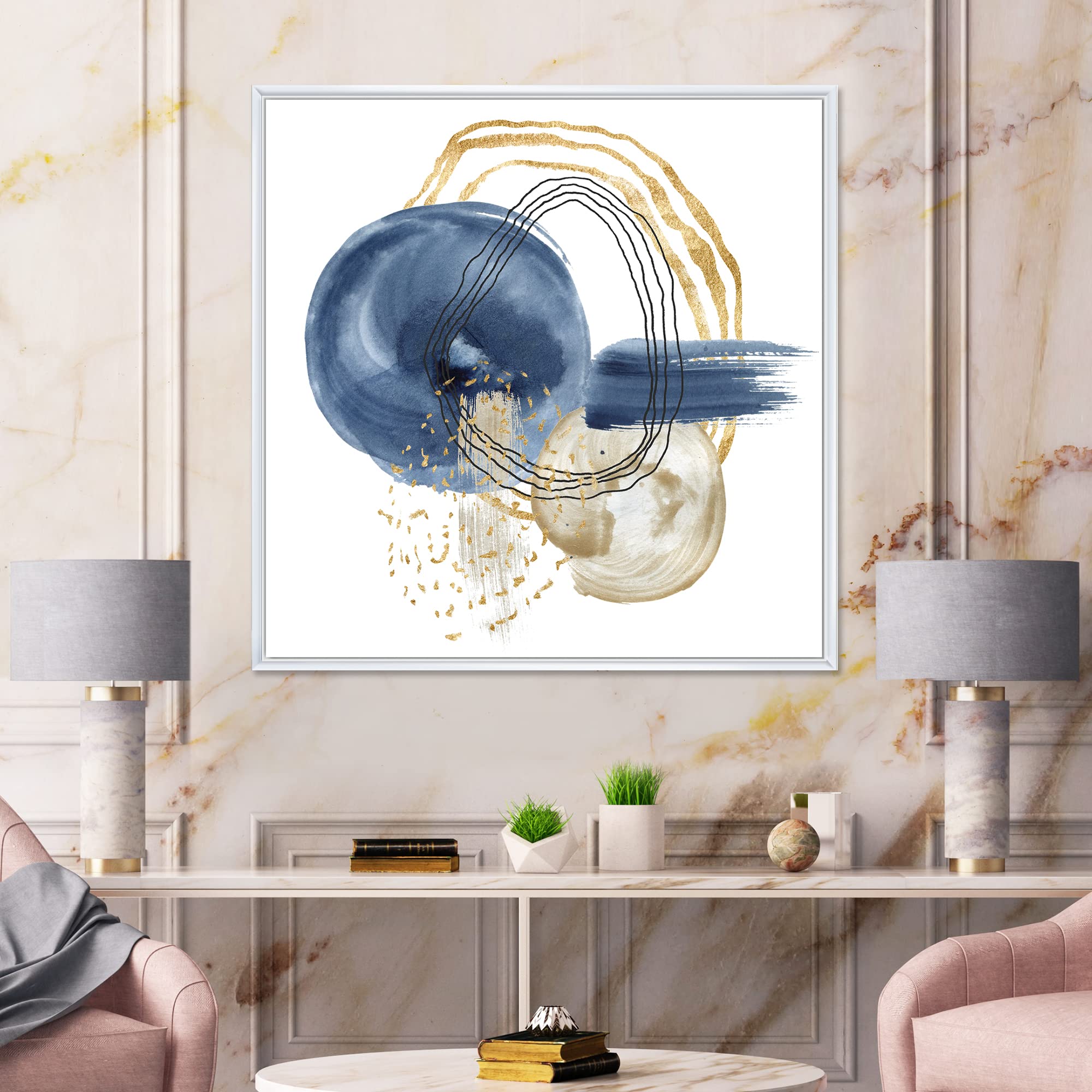 Abstract Dark Blue Gold & Black Underwater Life Canvas Wall Art - Modern Framed Painting for Living Room, Bedroom & Office Decor