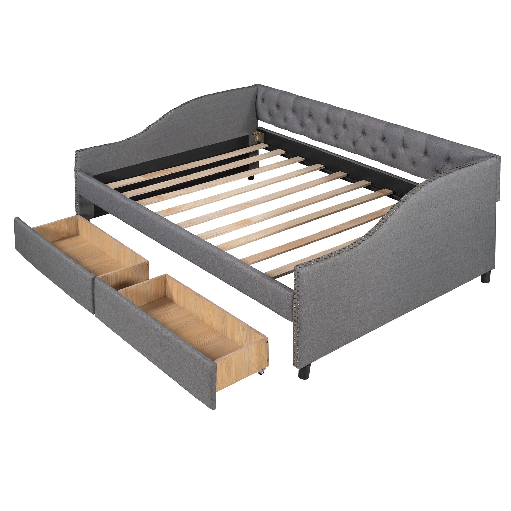 LZ LEISURE ZONE Full Size Upholstered Daybed with Storage Drawers & Wood Slat Support - Modern Gray Daybed for Guest Room, Dorm, or Small Space