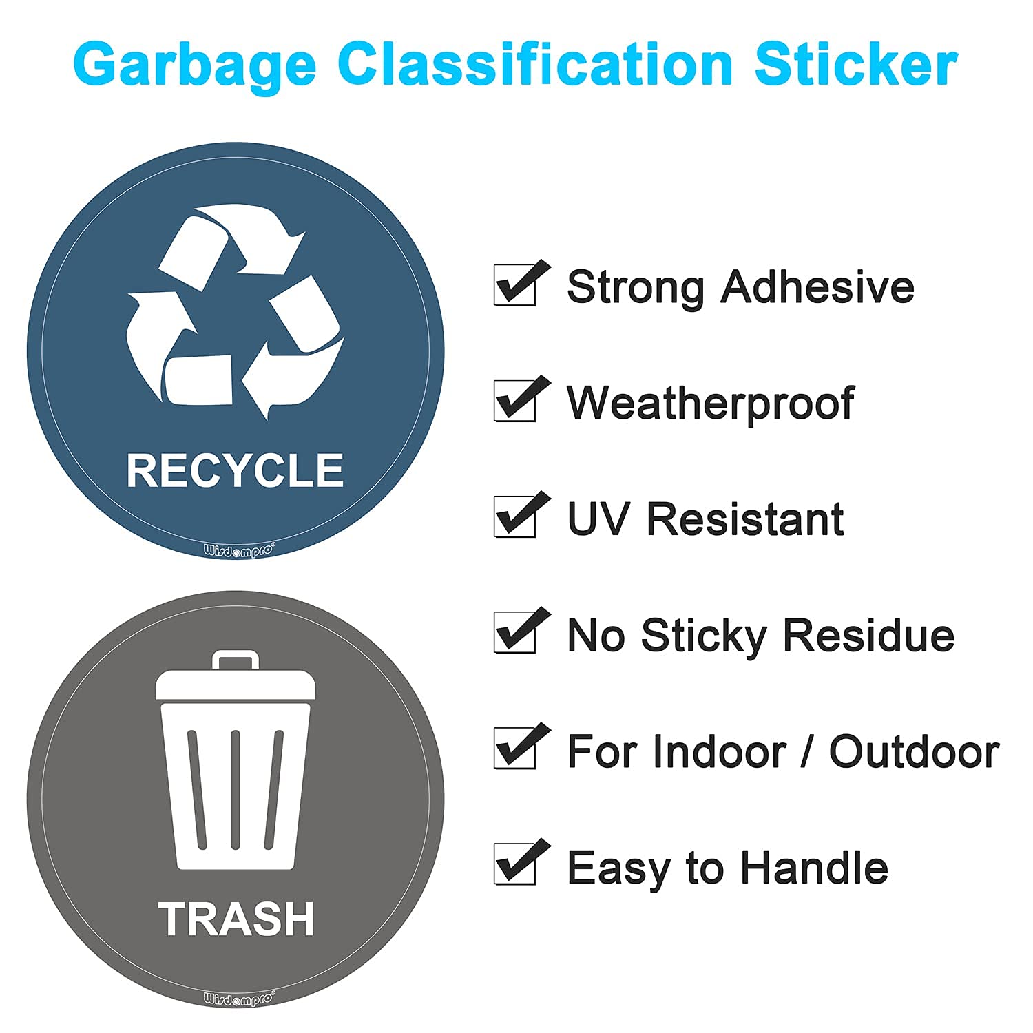 Wisdompro 8-Pack 3 Inch Round Recycle Stickers for Trash Cans - Self Adhesive Recycling Bin Labels for Garbage Containers, Indoor & Outdoor Use - Perfect for Home Kitchen, Office, School & Public Spaces