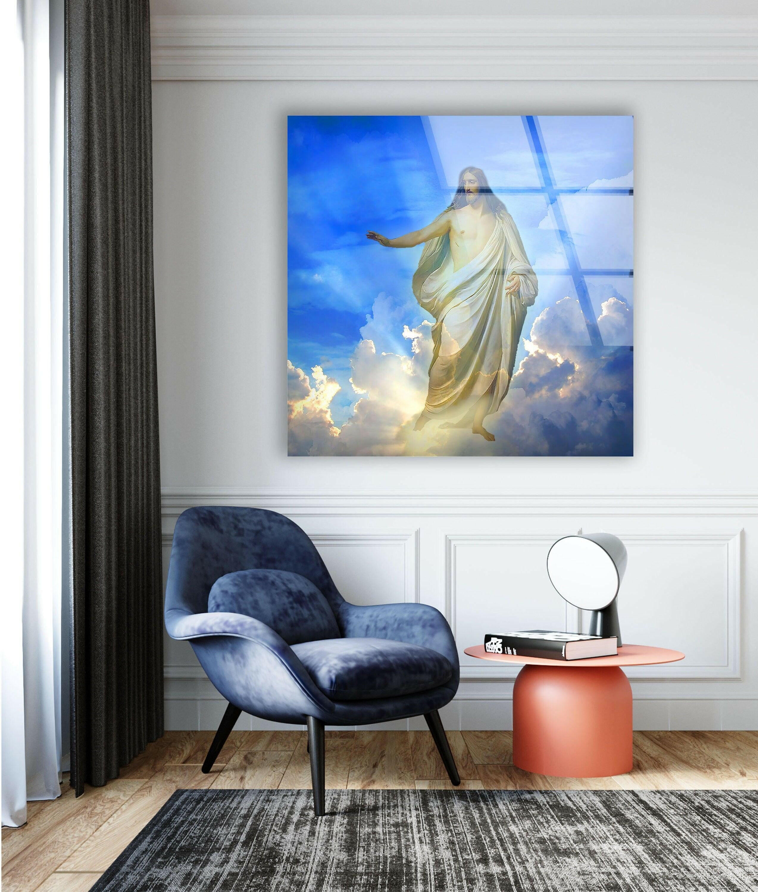 Blue Christian Jesus Cross Glass Wall Art - Handmade Religious Home Decor for Church, Bedroom & Office - Perfect Gift for Faithful Believers