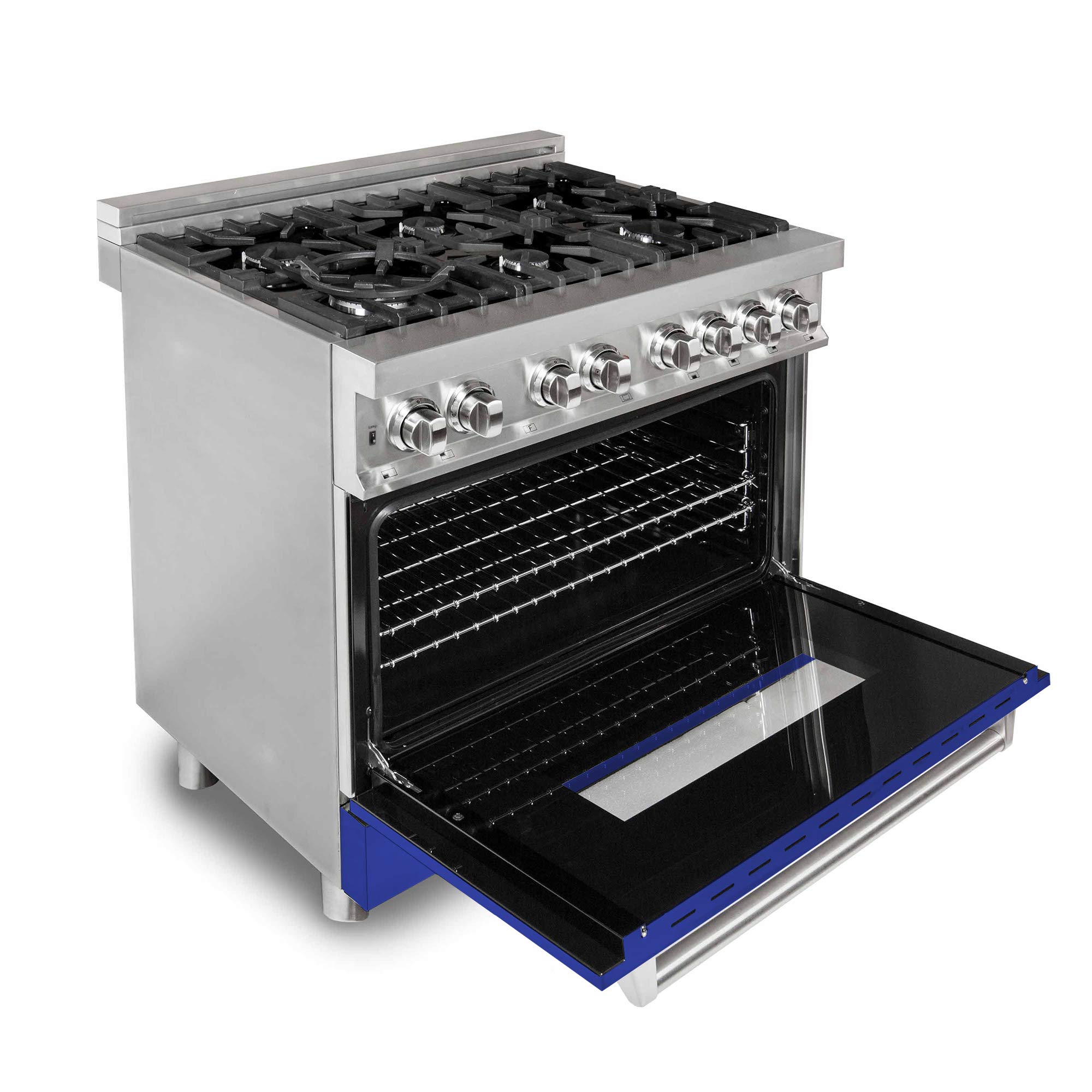ZLINE 36-inch 4.6 cu.ft Stainless Steel Dual Fuel Range with 6-Burner Gas Cooktop & Convection Oven - Blue Matte Door (RA-BM-36) - Perfect for Modern Kitchens & Professional Cooking