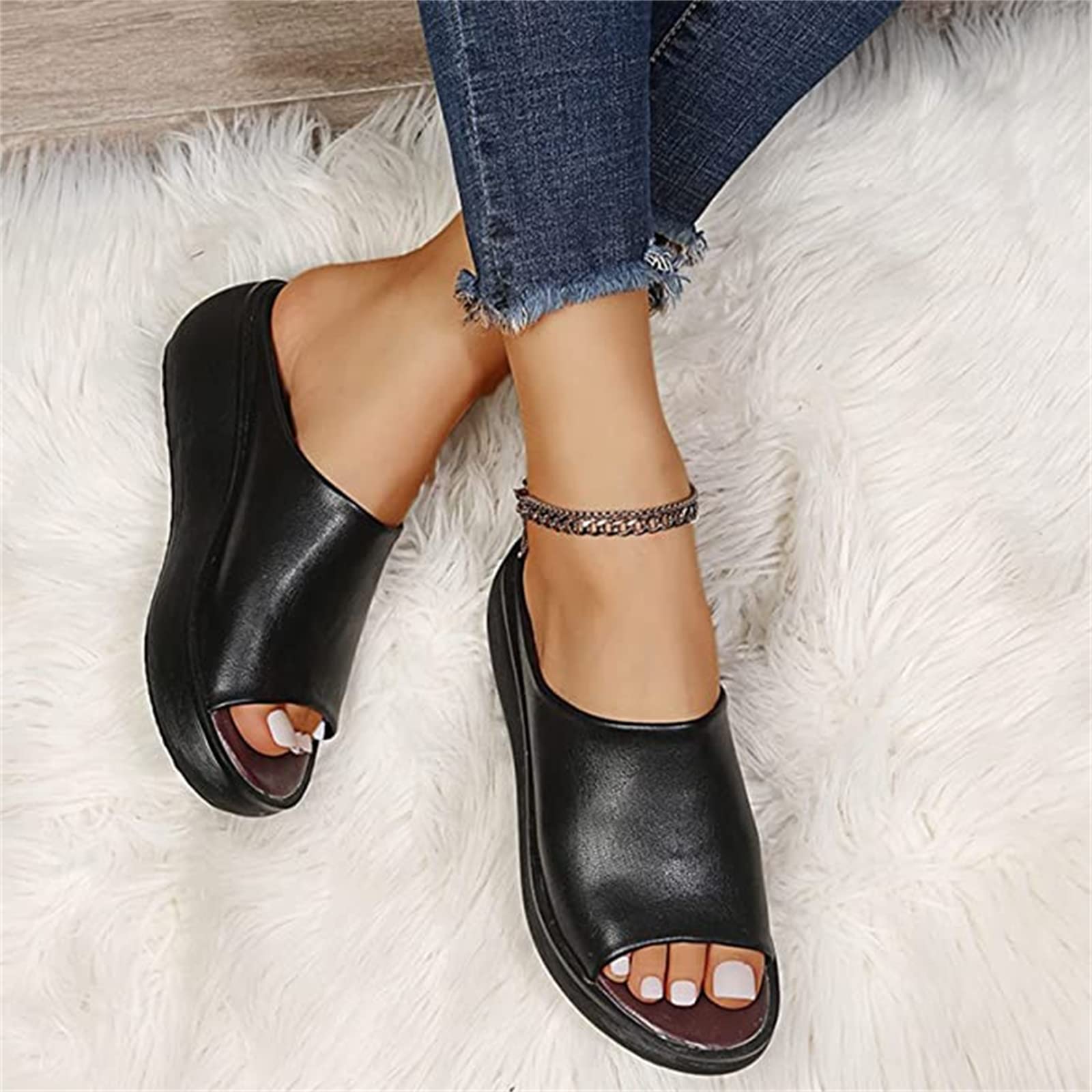 Women's Faux Leather Gladiator Sandals - Open Toe Slingback Flat Summer Slides with Thick Sole | Comfortable Casual Mule Slippers & Fish Mouth Design | Perfect for Beach, Vacation, and Everyday Wear (White, US5.5/EU36)