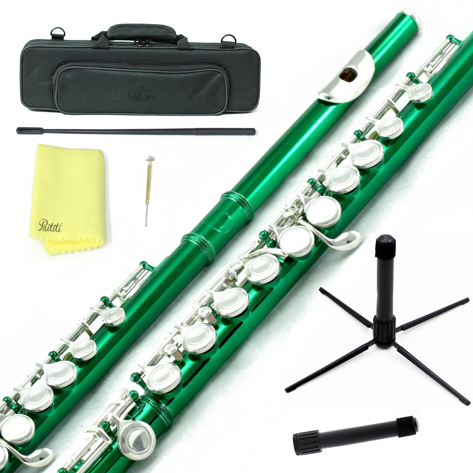 Professional Sky C Flute with Lightweight Case - Includes Cleaning Rod, Cloth, Joint Grease & Screwdriver (Green/Silver, Closed Hole) - Perfect for Beginners, Students & Professional Performers