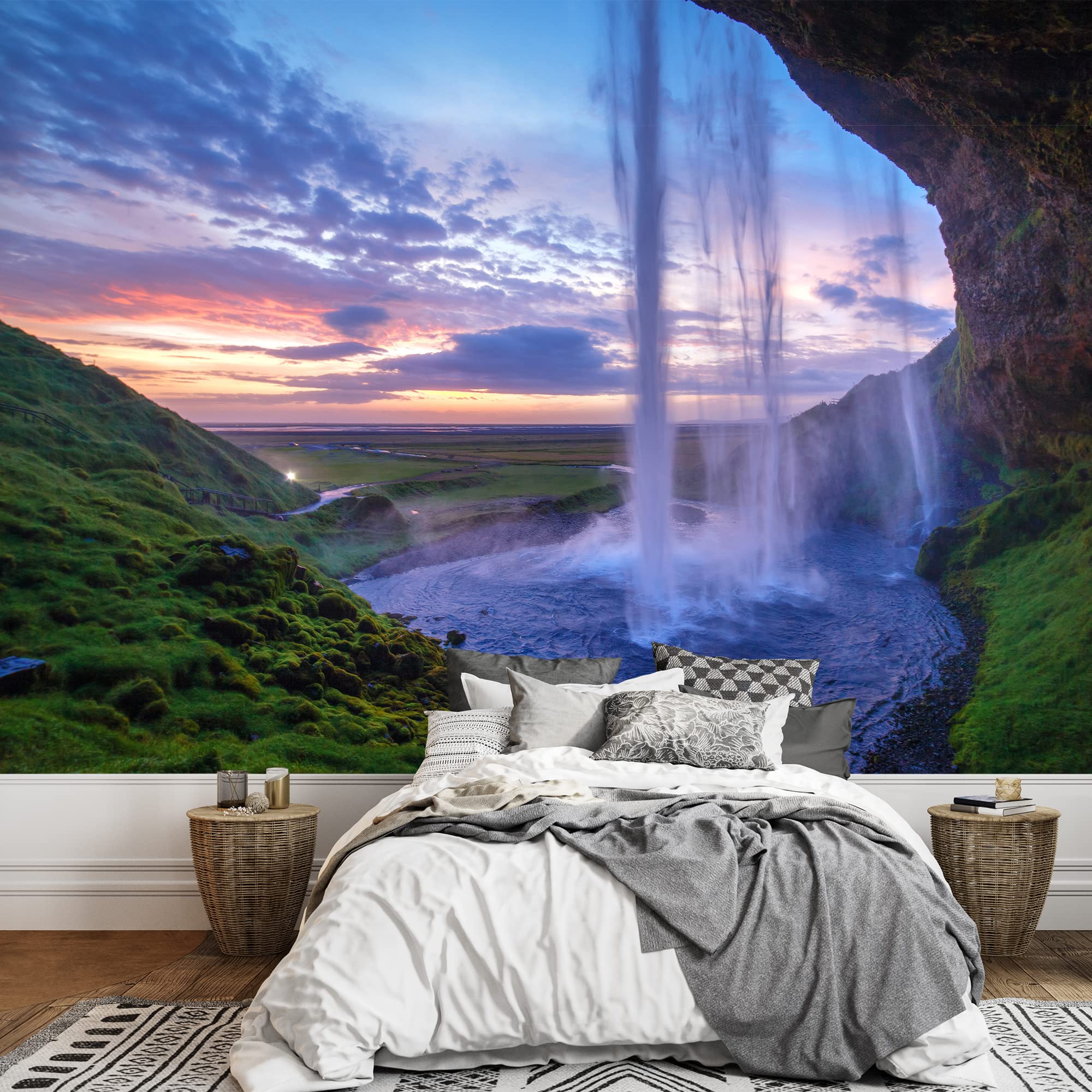 Seljalandfoss Waterfall at Sunset Iceland Wall Mural - 66x96 Inch Removable Self-Adhesive Wallpaper for Living Room, Bedroom & Office Decor - Stunning Landscape Photography Wall Art by Wall26