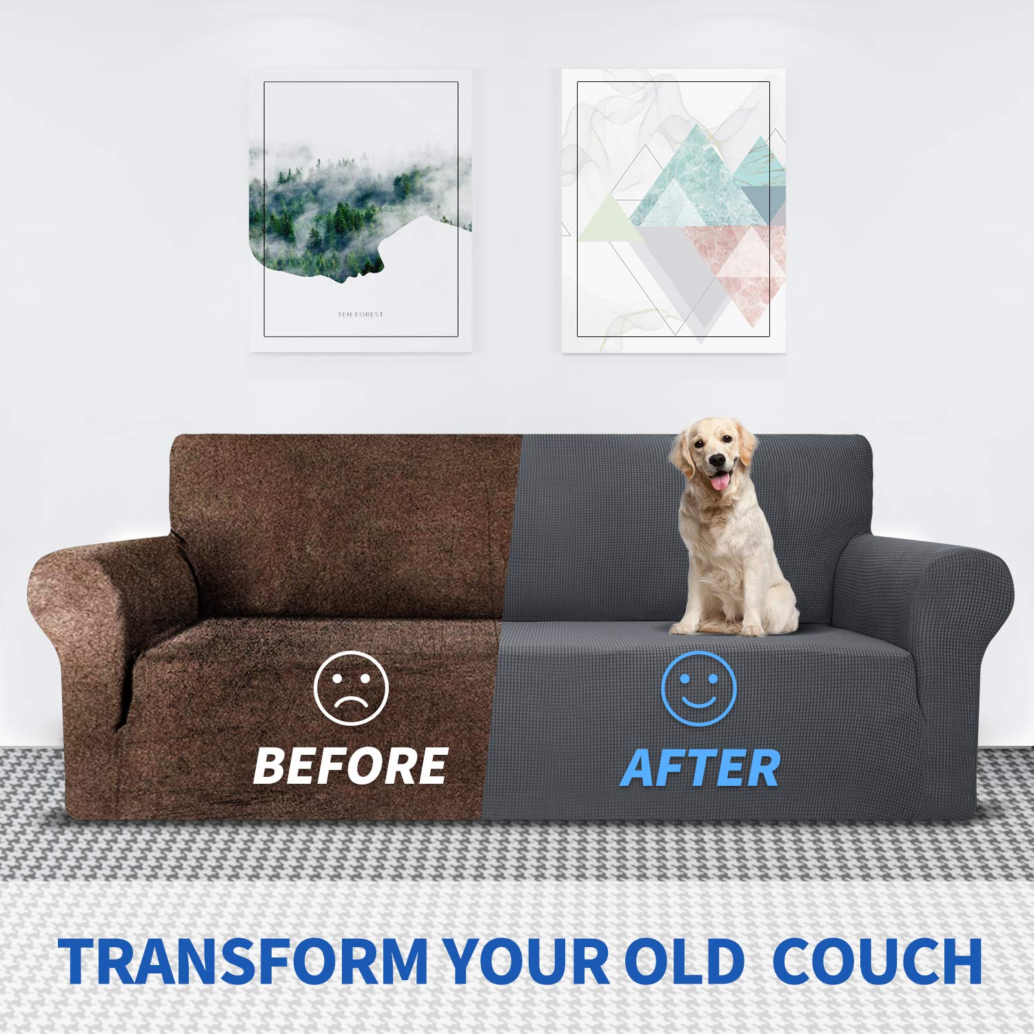 MAXIJIN 1-Piece Sofa Cover & 1-Piece Loveseat Cover - Dark Gray Stretchable Furniture Protector for Living Room, Bedroom, or Office - Spill & Pet Hair Resistant