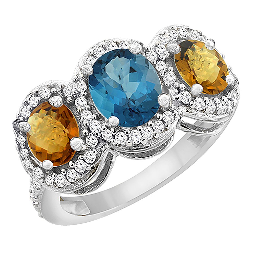 10K White Gold Natural London Blue Topaz & Whisky Quartz 3-Stone Ring with Oval Diamond Accent - Sizes 5-10 | Elegant Engagement, Anniversary Gift for Her | Perfect for Weddings, Parties & Special Occasions