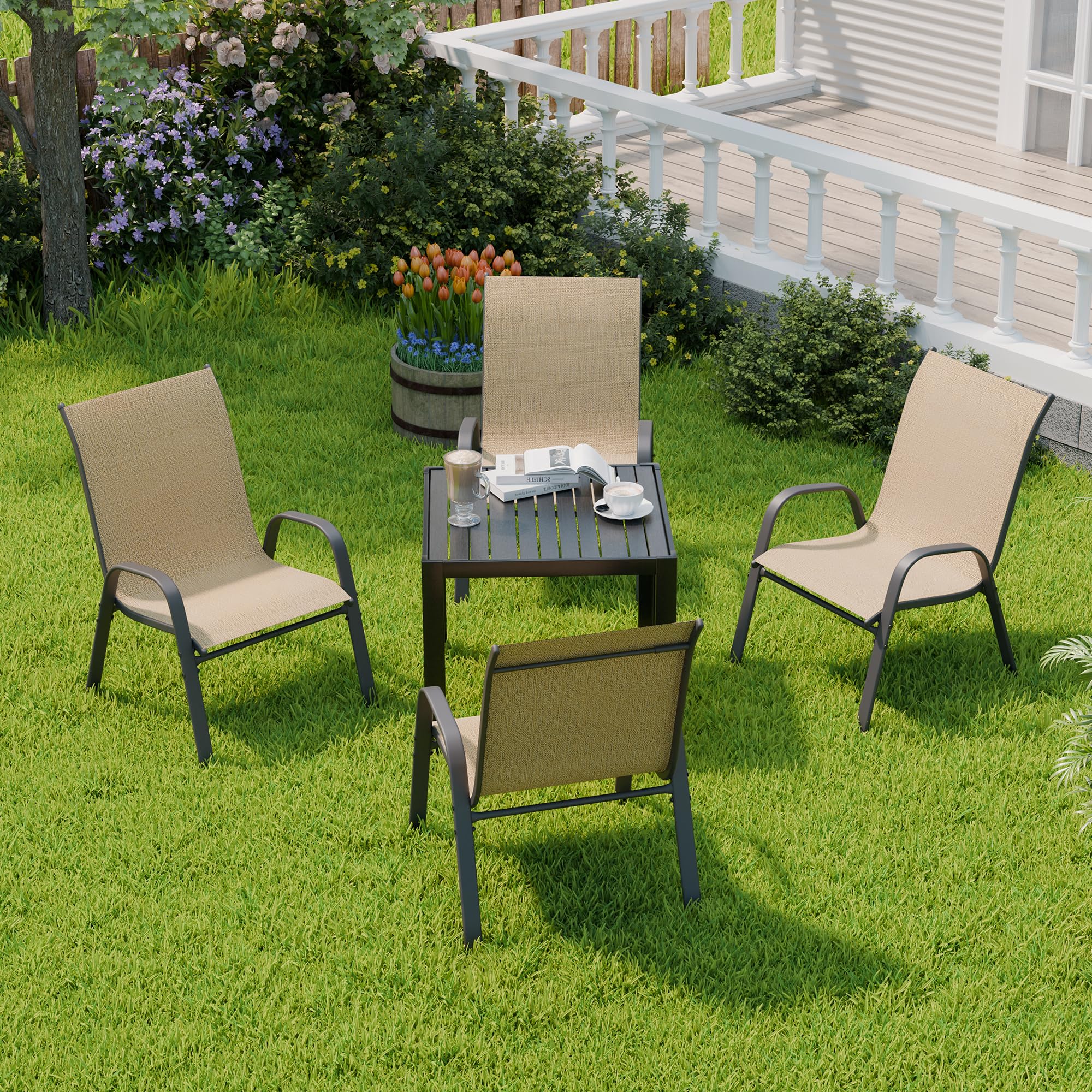 4-Piece Patio Chairs Set - Stackable All-Weather Outdoor Dining Chairs - Durable & Breathable Metal Modern Furniture for Backyard, Deck, Garden (Brown) - Perfect for Outdoor Entertaining & Relaxation