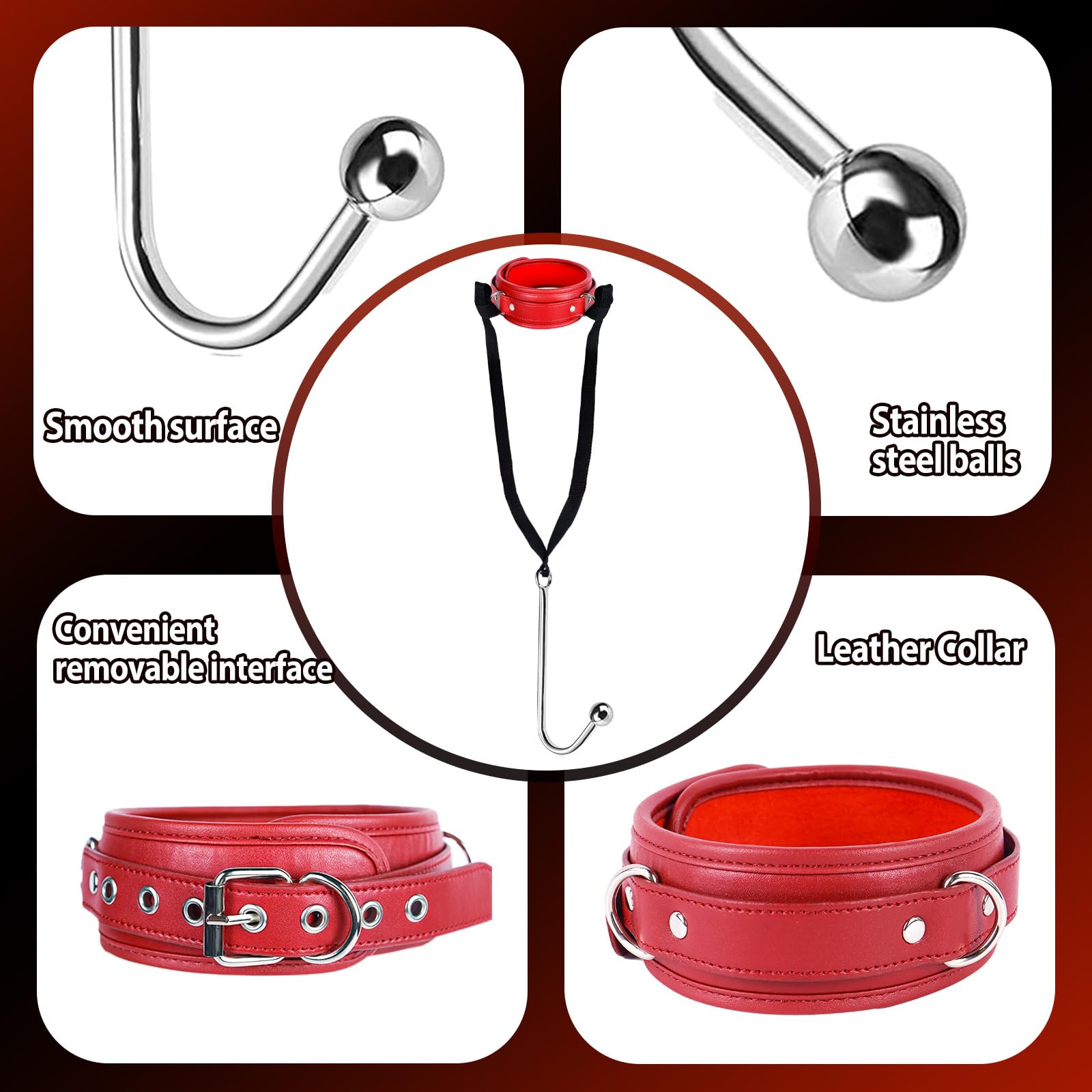 BDSM Anal Hook Bondage Restraint Set with Leather Chain Leash Collar - Stainless Steel Anal Trainer Ball for Couples - Adjustable SM Harness Kit for Role Play & Fetish - Perfect for Adult Play, Spicing Up Relationships & BDSM Exploration