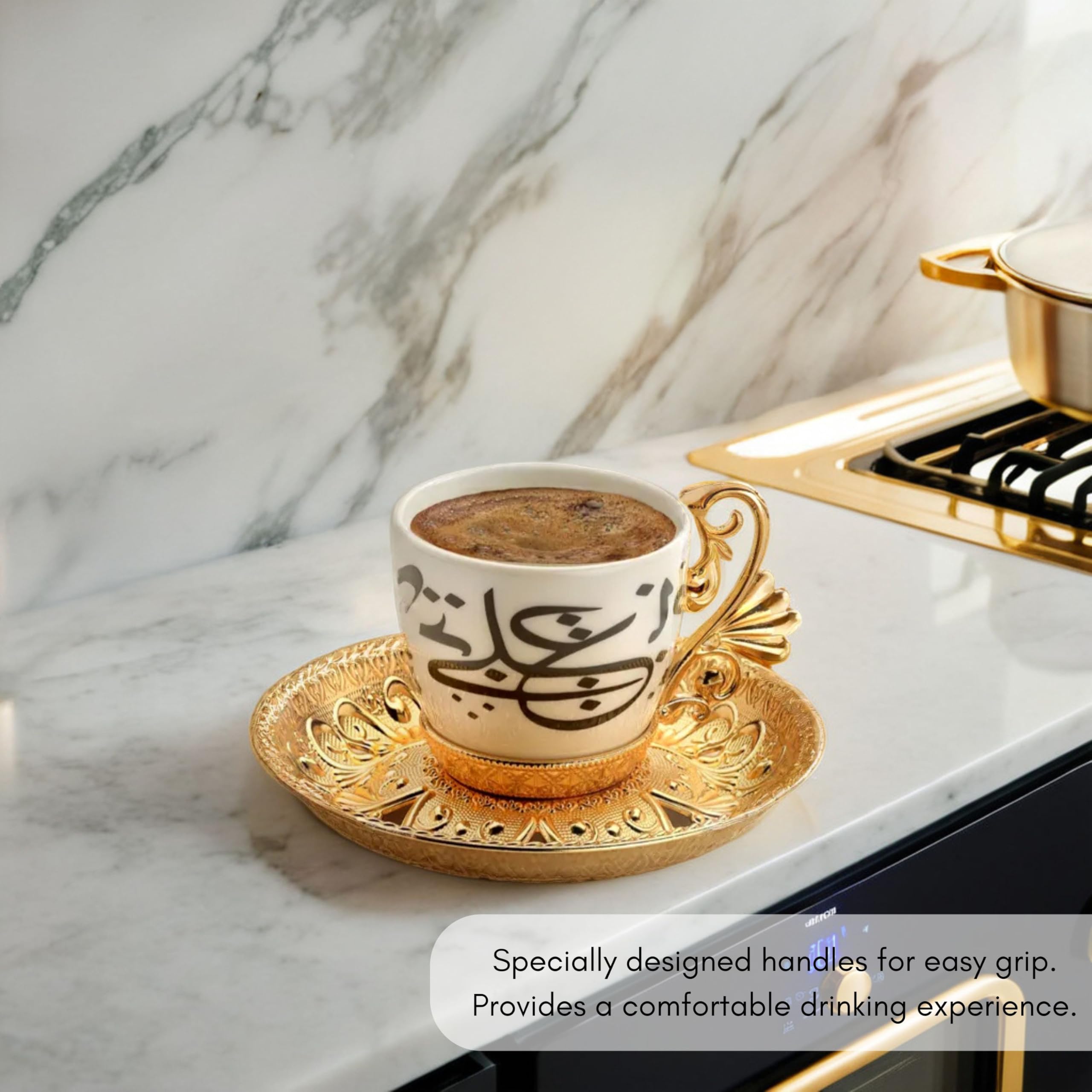 Premium Espresso Coffee Cups Set - Turkish Arabic Greek Coffee Set for Women & Men - Elegant Gold Arabic Calligraphy Design - Perfect for Home, Office, Weddings & Gift Giving