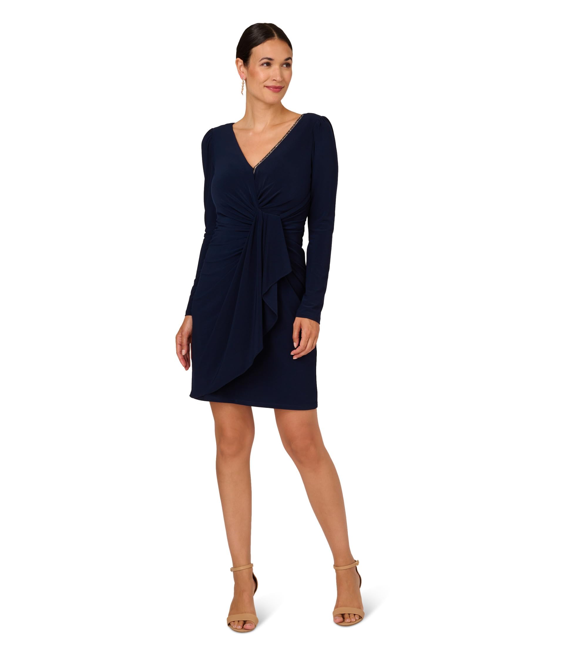 Adrianna Papell Women's Long Sleeve Stretch Jersey Side Draped Cocktail Dress - Perfect for Evening Parties, Weddings & Formal Events