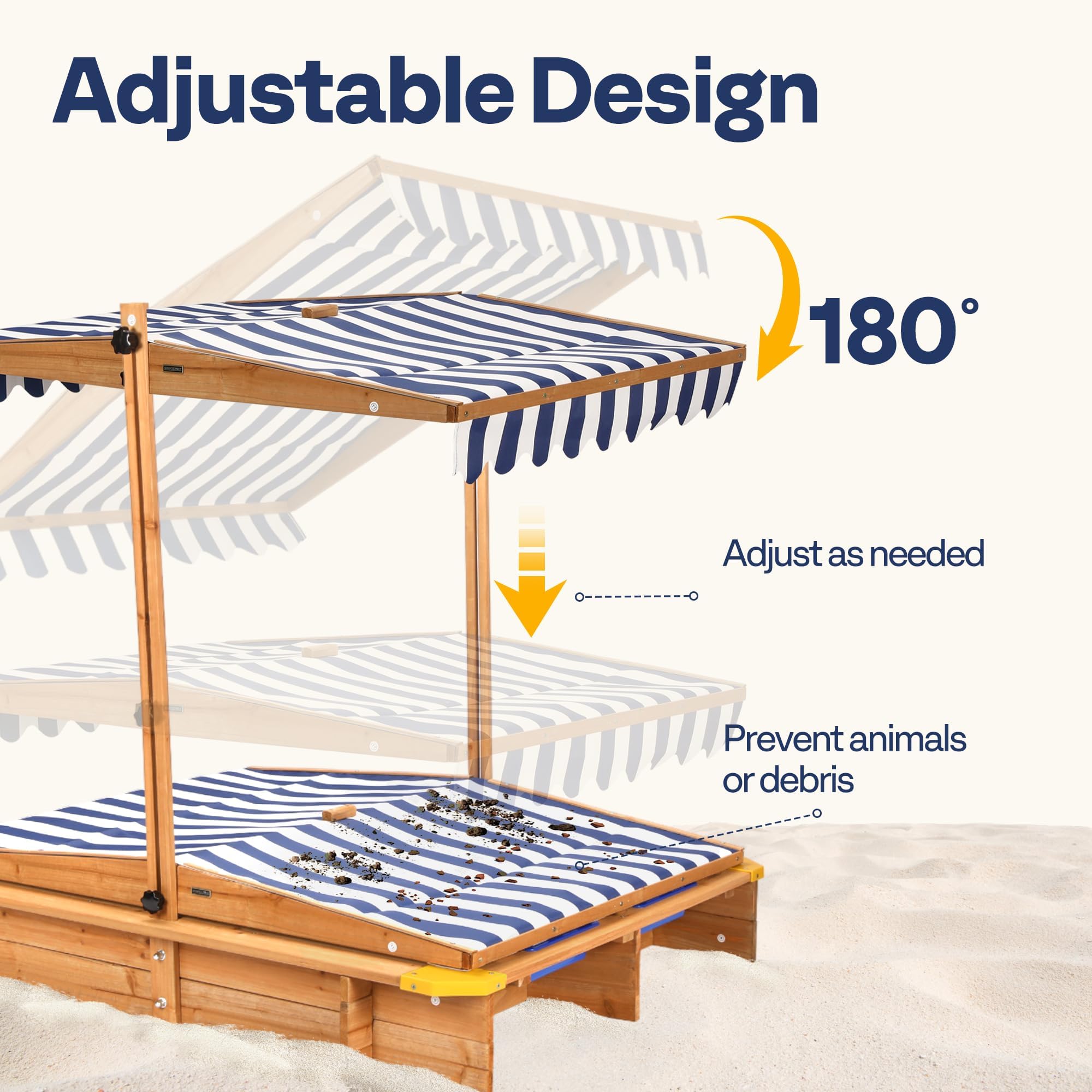VIVOHOME 47 Inch Wooden Sandbox with 2 Plastic Side Containers & Rotatable UV-Resistant Canopy - Outdoor Kids Sandbox for Backyard, Beach, Park, and Playground Fun