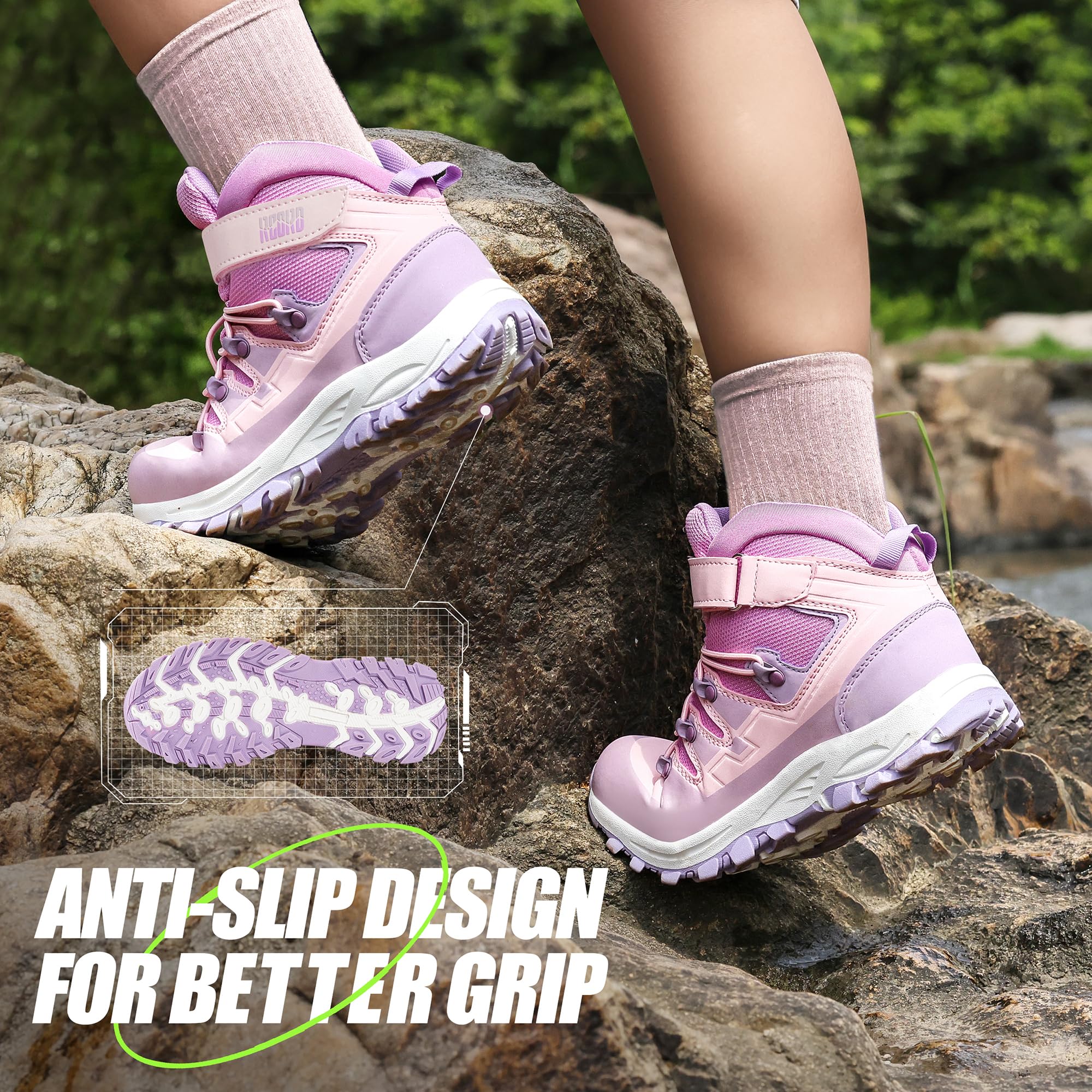 RCORD Kids Hiking Boots for Girls - Waterproof Outdoor Shoes with Durable TPR Traction & Anti-Slip Sole | Drawstring Closure Design | Perfect for Hiking, Camping & Outdoor Adventures