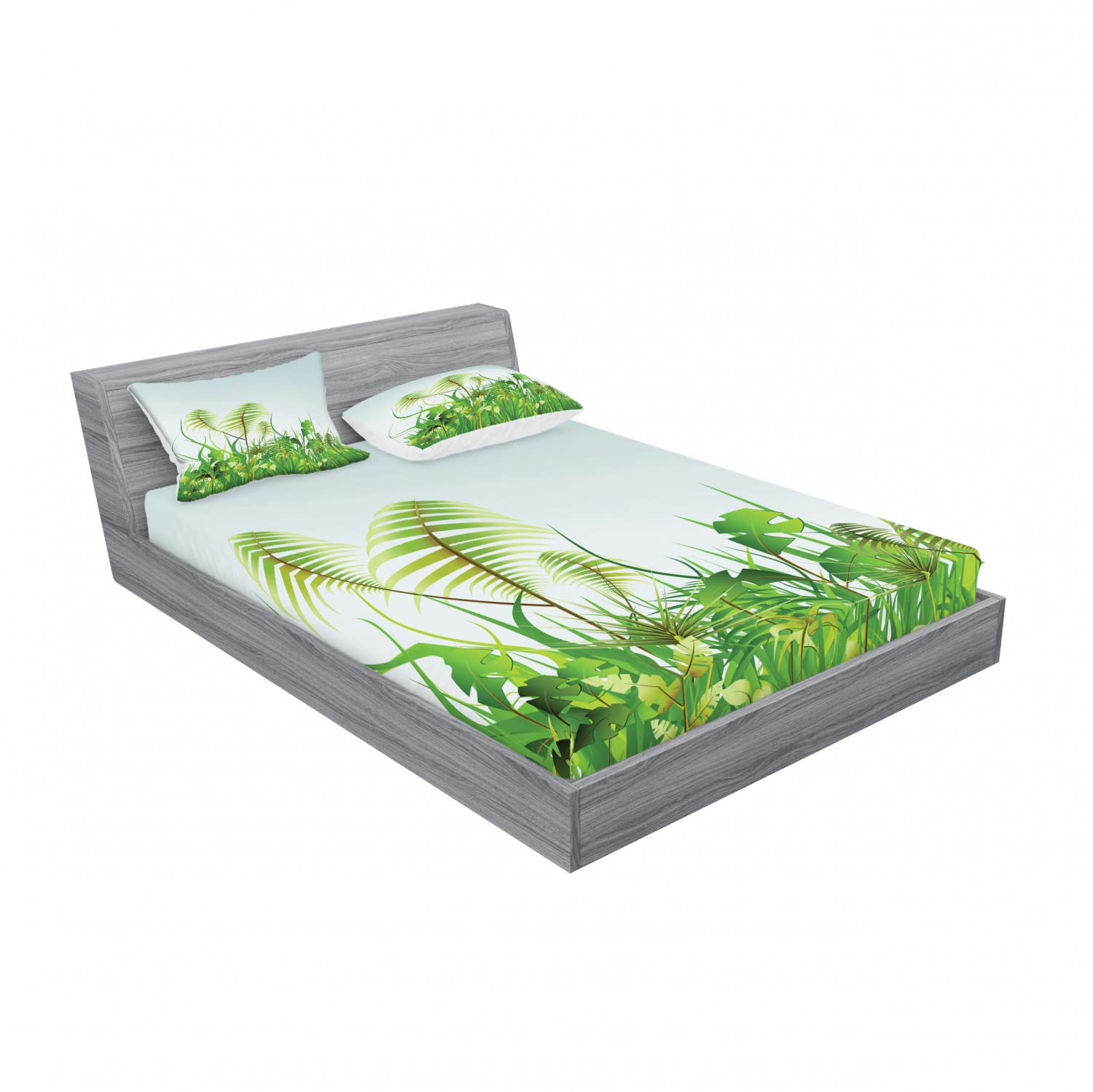 Ambesonne 2-Pack Queen Size Fitted Sheet Set with 4 Pillow Shams - Botanical Garden Floral Pattern Bedding in Green & Blue - Perfect for Summer Bedroom Decor, Guest Room Essentials & Vacation Home Styling