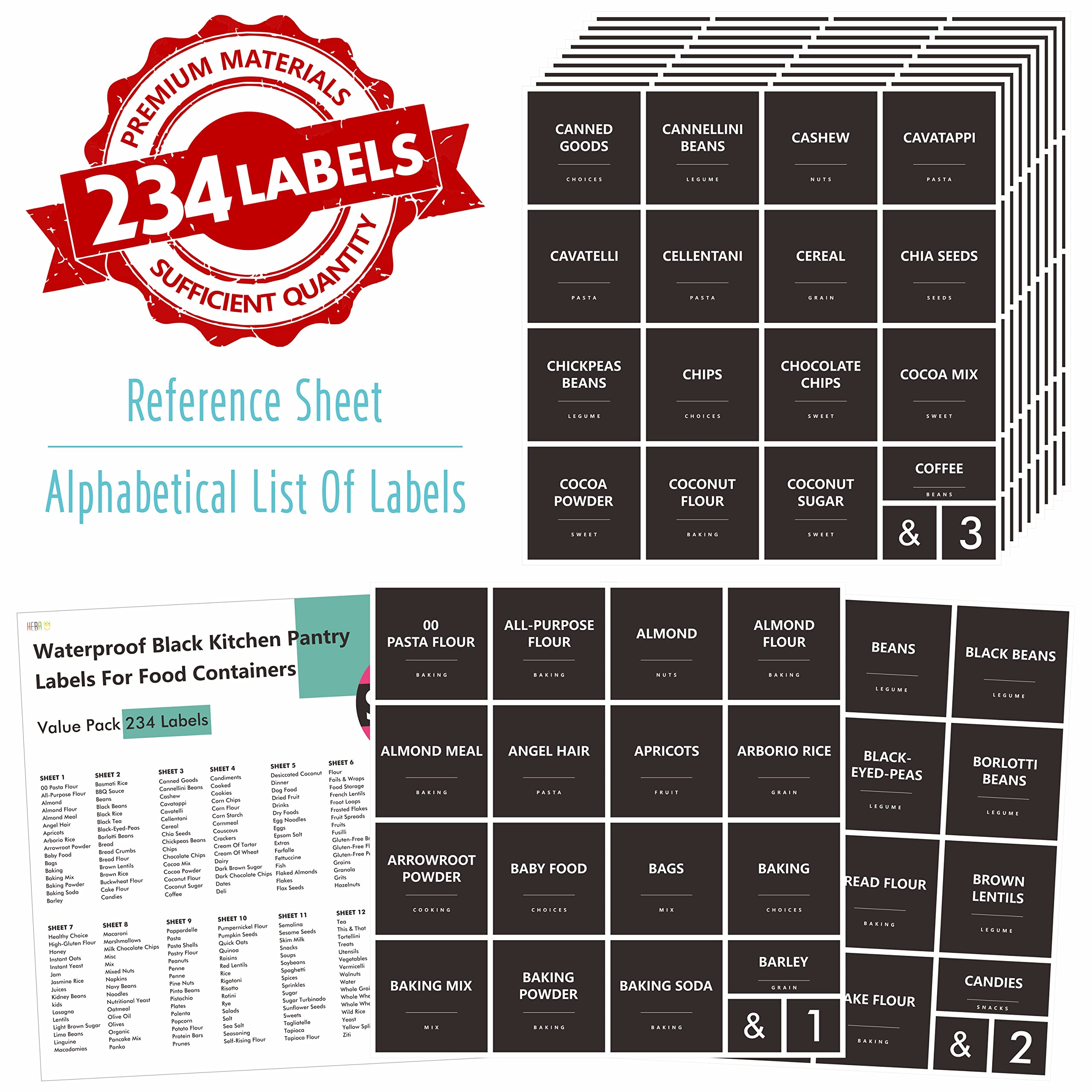 Hebayy 234-Piece Minimalist Kitchen Food Labels - 216 Preprinted & 18 Blank Stickers for Flour, Pasta, Peas, Condiments, Oil | Waterproof, Tear-Resistant, No Residue | Perfect for Pantry, Food Containers & Jars Organization