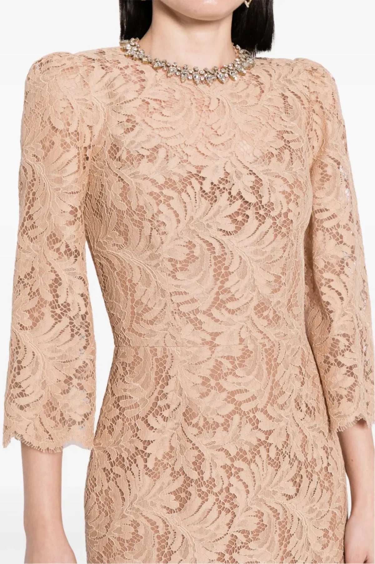 Elegant Acotas Lace Crystal Embellished Midi Dress in Nude - Perfect for Weddings, Parties & Special Occasions