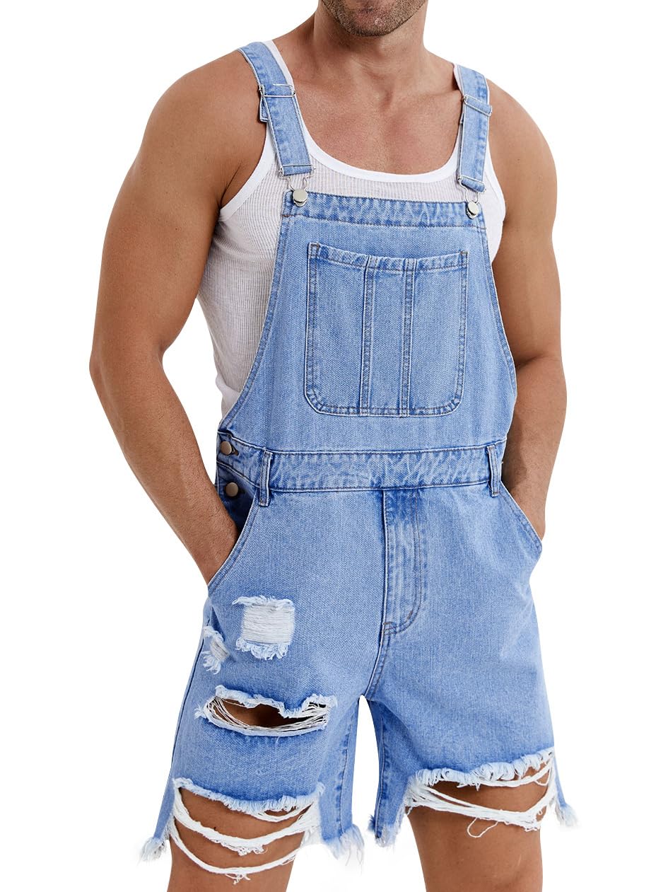 Runcati Men's Denim Shorts Bib Overalls - Loose Fit Jean Romper with Button Pockets | Casual Summer Jumpsuit for Outdoor Activities, Beach & Streetwear