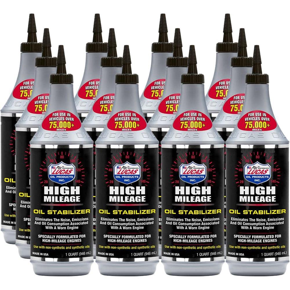 LUCAS Oil High Mileage Oil Stabilizer (1 Quart) - 12 Pack | Engine Protection for Older Vehicles | Reduce Oil Consumption & Leaks | Ideal for High Mileage Cars, Trucks & SUVs | Long-Distance Driving & Heavy-Duty Use