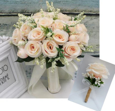 Artificial Silk Rose Wedding Bouquet with Satin Ribbon - Elegant Bridal Bouquet for Wedding, Bridal Shower, Anniversary & Home Decor