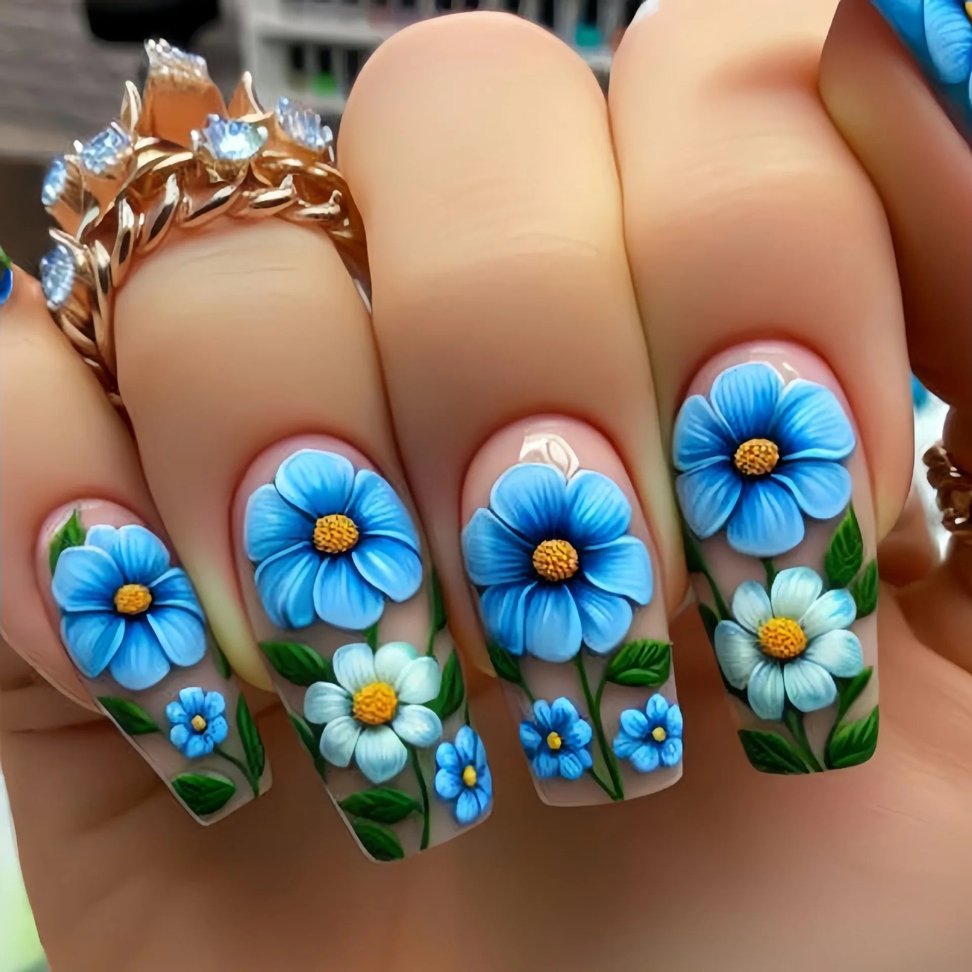 24Pcs Press on Nails - Medium Length Square Blue Coffin Fake Nails with Floral Spring Design, Easy to Apply Glue-on Nail Tips for Women | Perfect for Parties, Weddings & Daily Wear